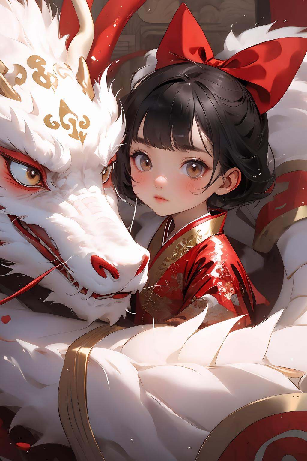 <lora:long2ZHENGZE-000012:0.7>,chahua,1girl,black hair,hair bow,looking at viewer,blush,brown eyes,red bow,dragon,bangs,short hair,child,closed mouth,lips,solo,female child,red new year clothes,