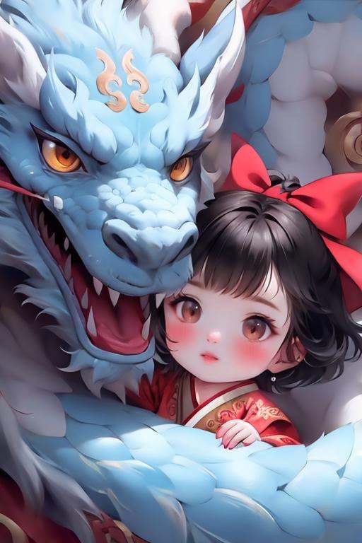 <lora:long3ZHENGZE-000012:0.7>,chahua,1girl,black hair,hair bow,looking at viewer,blush,brown eyes,red bow,dragon,bangs,short hair,child,closed mouth,lips,solo,female child,red new year clothes,
