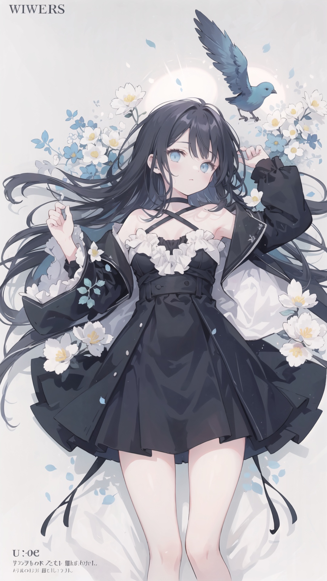 (official art, 8k wallpaper, ultra detailed, High quality, best quality),white flowers ,1girl,from above,bird's-eye_view,vintage filter,among flowers, backlight,limited_palette,white,field s of flowers