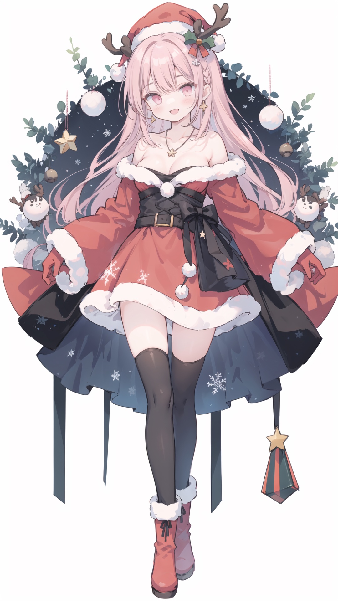 1girl,  antlers,  ball,  bare_shoulders,  bell,  boots,  bow,  box,  braid,  candy_cane,  christmas,  christmas_lights,  christmas_ornaments,  christmas_tree,  company_name,  fake_antlers,  full_body,  fur-trimmed_boots,  fur-trimmed_dress,  fur-trimmed_gloves,  fur-trimmed_headwear,  fur-trimmed_sleeves,  fur_trim,  gift,  gift_box,  gloves,  hair_ornament,  hat,  hat_ornament,  hexagram,  holding_sack,  holly,  long_hair,  looking_at_viewer,  medium_breasts,  merry_christmas,  open_mouth,  ornament,  pink_hair,  pom_pom_\(clothes\),  red_bow,  red_headwear,  red_ribbon,  reindeer,  reindeer_antlers,  ribbon,  sack,  saint_quartz_\(fate\),  santa_boots,  santa_costume,  santa_dress,  santa_gloves,  santa_hat,  shikigami,  simple_background,  smile,  snowflake_background,  snowflake_hair_ornament,  snowflake_print,  snowflakes,  snowman,  solo,  sparkle,  star_\(symbol\),  star_earrings,  star_hair_ornament,  star_hat_ornament,  star_necklace,  star_pasties,  star_print,  starfish,  starry_background,  thighhighs,  tree,  twin_braids,  very_long_hair,  wand,  white_background,  white_gloves,  white_headwear,  white_legwear,  wreath