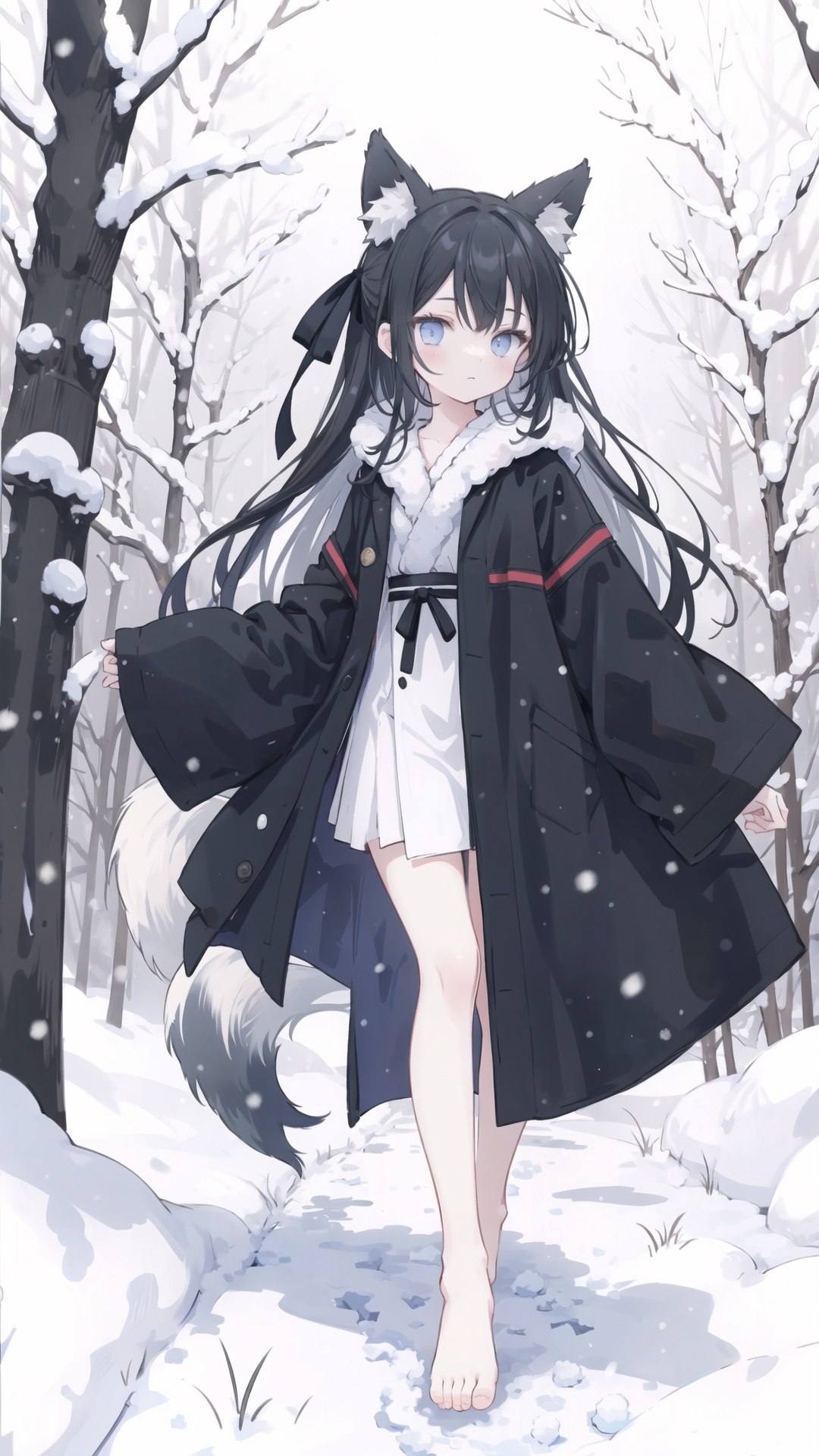  1girl,solo,petite,long hair,(black hair),white robe,white hair ribbon,walking in the wild,(bare foot),fox ears,fox tail,snow,cold,(winter),(forest),(dark theme)