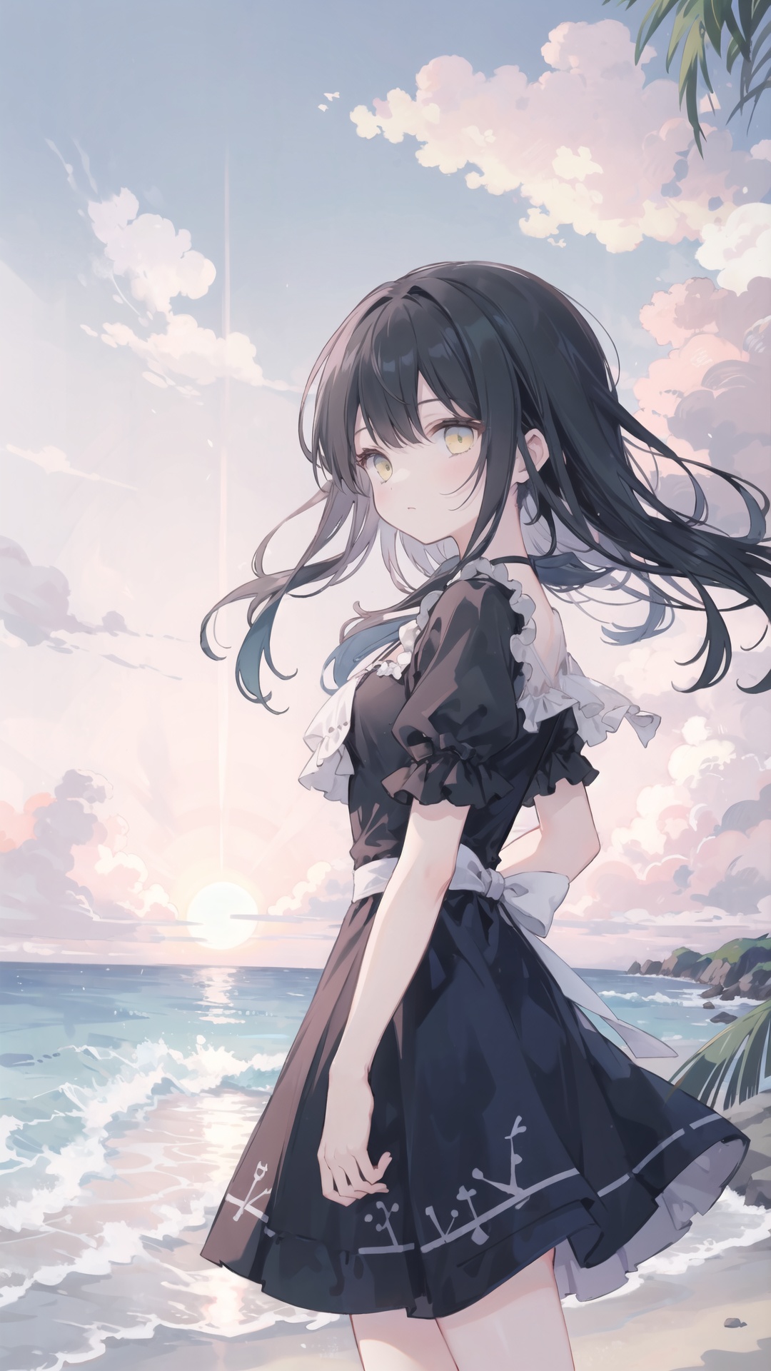 1girl,cute,solo,long hair,black hair,from side,delicate dress,beach,sea,(sunrise),yellow sky,cloud