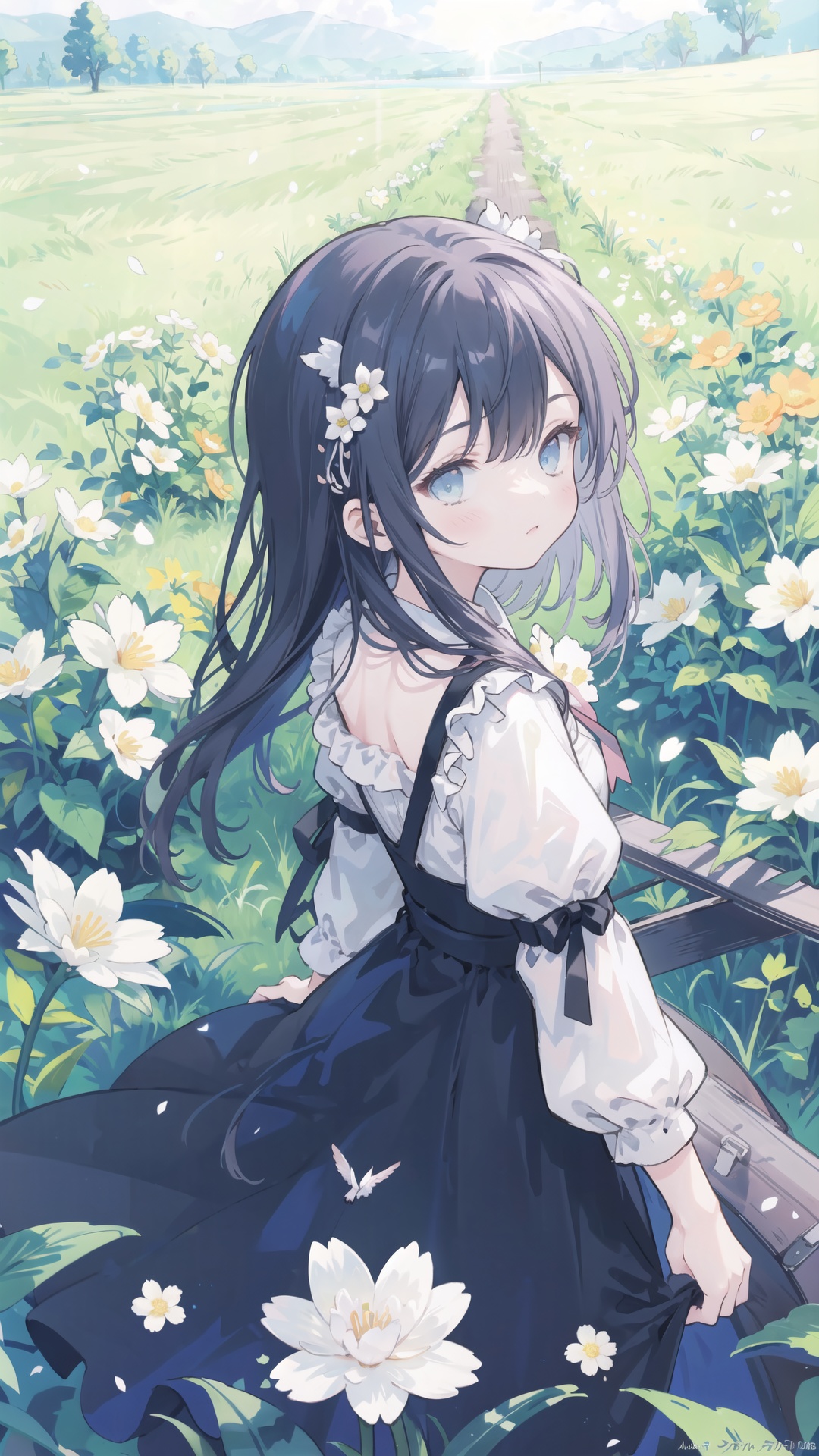 (official art,  8k wallpaper,  ultra detailed,  High quality,  best quality), white flowers , 1girl, from above, bird's-eye_view, vintage filter, among flowers,  backlight, limited_palette, white, field s of flowers, backlight