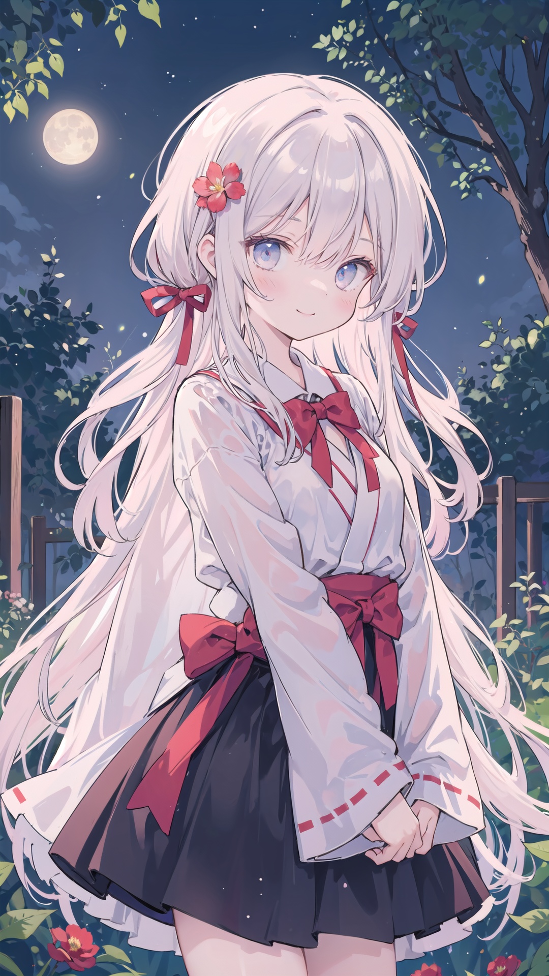 best quality, masterpiece, 1girl,solo,(petite),(miko),smile,red bowtie,red string hair accessories,long hair,(night),dark,[lake],tree,[forest],flower,(firefly),beautiful moon,star,fantasy