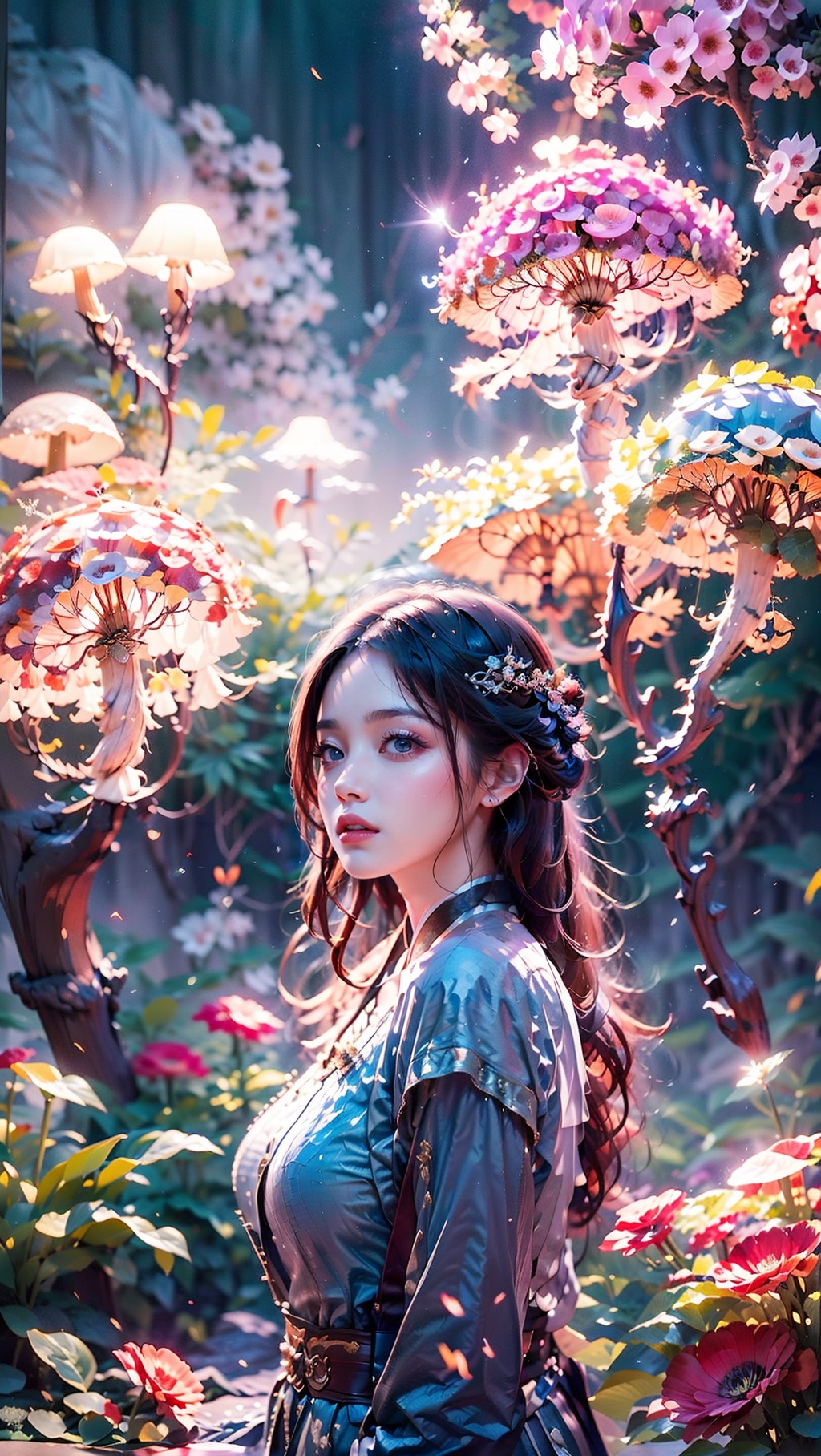 1 girl, Purple hair, (brown eyes), (extremely exquisite and beautiful), ((Purple and blue clothes)),meteor, meteor shower, (super large moon), (blue moon), comet, flower sea, many flowers, flower sea facing the audience, front, butterflies, hair, butterfly, f, dreamy light, (8k, RAW photo, best quality, masterpiece: 1.2), (realistic, photo fidelity: 1.3), ultra fine, ultra fine cg 8k wallpaper, (crystal textured skin: 1.2), 1girl, Crystal Girl, Colored hair,Glowing Mushroom,Taoyuan Chronicles