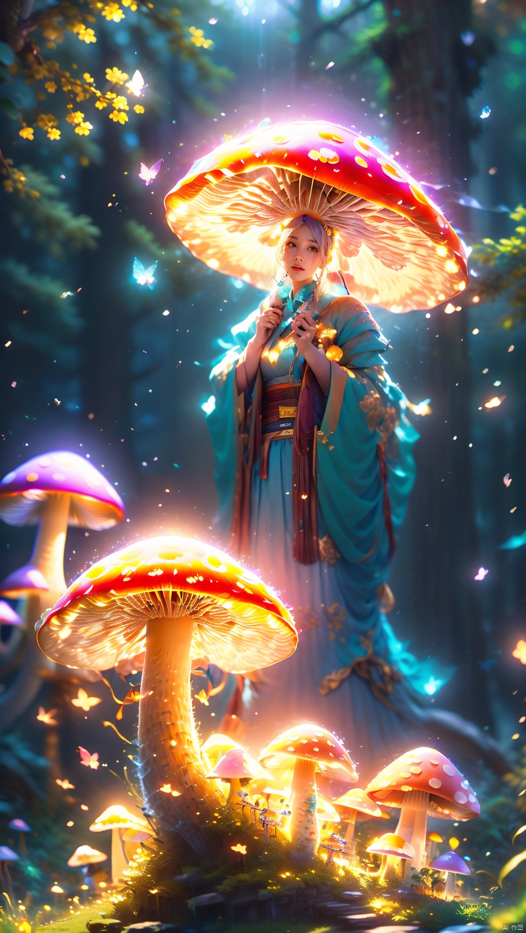 1 girl, purple hair, (brown eyes), (extremely exquisite and beautiful), (purple and blue clothes), meteor, meteor shower, (super large moon), (blue moon), comet, flower sea, many flowers, flower sea facing the audience, front, butterfly, hair, butterfly, f, dreamy light, (8k, RAW photo, best quality, masterpiece: 1.2), (realistic, photo fidelity: 1.3), ultra fine, ultra fine cg 8k wallpaper, (Crystal Texture Skin: 1.2) 1 Girl, Crystal Girl, Colorful Hair, Glowing Mushroom, Peach Blossom Chronicle, Holy One of the Way, Multi Energy Text, Energy Pairing, Glowing Text, Transparent Text, Energy Behind Chinese Characters, 1 Girl, Glowing Mushroom, Giant Mushroom, Dream Mushroom Forest