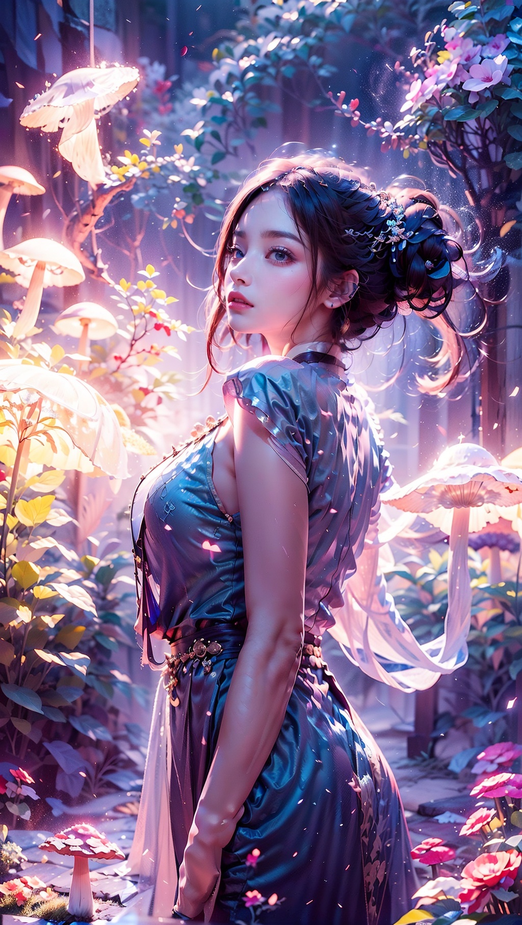 1 girl, Purple hair, (brown eyes), (extremely exquisite and beautiful), ((Purple and blue clothes)),meteor, meteor shower, (super large moon), (blue moon), comet, flower sea, many flowers, flower sea facing the audience, front, butterflies, hair, butterfly, f, dreamy light, (8k, RAW photo, best quality, masterpiece: 1.2), (realistic, photo fidelity: 1.3), ultra fine, ultra fine cg 8k wallpaper, (crystal textured skin: 1.2), 1girl, Crystal Girl, Colored hair,Glowing Mushroom,Taoyuan Chronicles