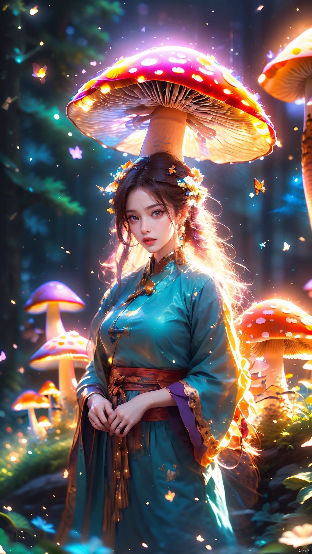 1 girl, purple hair, (brown eyes), (extremely exquisite and beautiful), (purple and blue clothes), meteor, meteor shower, (super large moon), (blue moon), comet, flower sea, many flowers, flower sea facing the audience, front, butterfly, hair, butterfly, f, dreamy light, (8k, RAW photo, best quality, masterpiece: 1.2), (realistic, photo fidelity: 1.3), ultra fine, ultra fine cg 8k wallpaper, (Crystal Texture Skin: 1.2) 1 Girl, Crystal Girl, Colorful Hair, Glowing Mushroom, Peach Blossom Chronicle, Holy One of the Way, Multi Energy Text, Energy Pairing, Glowing Text, Transparent Text, Energy Behind Chinese Characters, 1 Girl, Glowing Mushroom, Giant Mushroom, Dream Mushroom Forest
