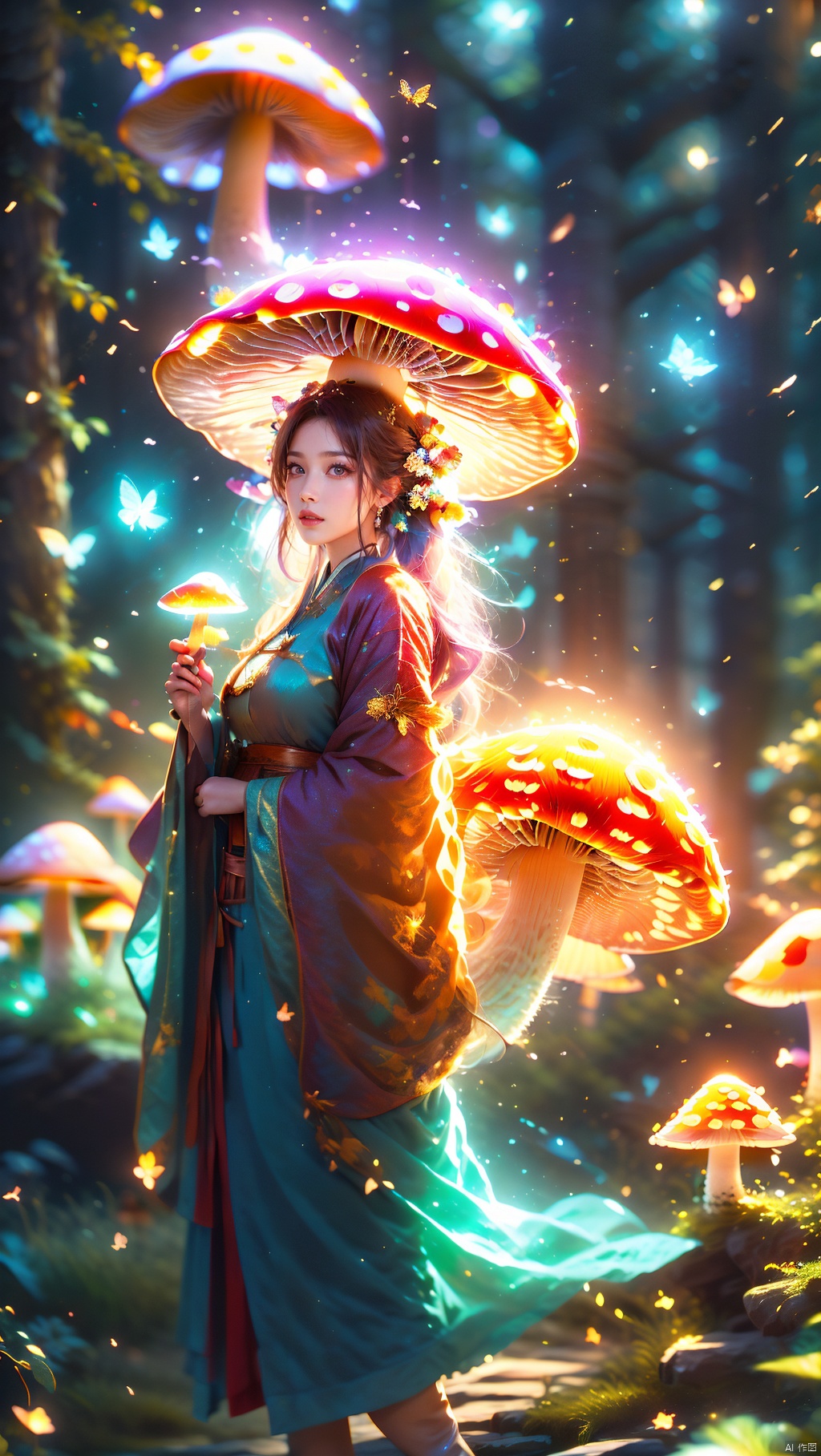 1 girl, purple hair, (brown eyes), (extremely exquisite and beautiful), (purple and blue clothes), meteor, meteor shower, (super large moon), (blue moon), comet, flower sea, many flowers, flower sea facing the audience, front, butterfly, hair, butterfly, f, dreamy light, (8k, RAW photo, best quality, masterpiece: 1.2), (realistic, photo fidelity: 1.3), ultra fine, ultra fine cg 8k wallpaper, (Crystal Texture Skin: 1.2) 1 Girl, Crystal Girl, Colorful Hair, Glowing Mushroom, Peach Blossom Chronicle, Holy One of the Way, Multi Energy Text, Energy Pairing, Glowing Text, Transparent Text, Energy Behind Chinese Characters, 1 Girl, Glowing Mushroom, Giant Mushroom, Dream Mushroom Forest