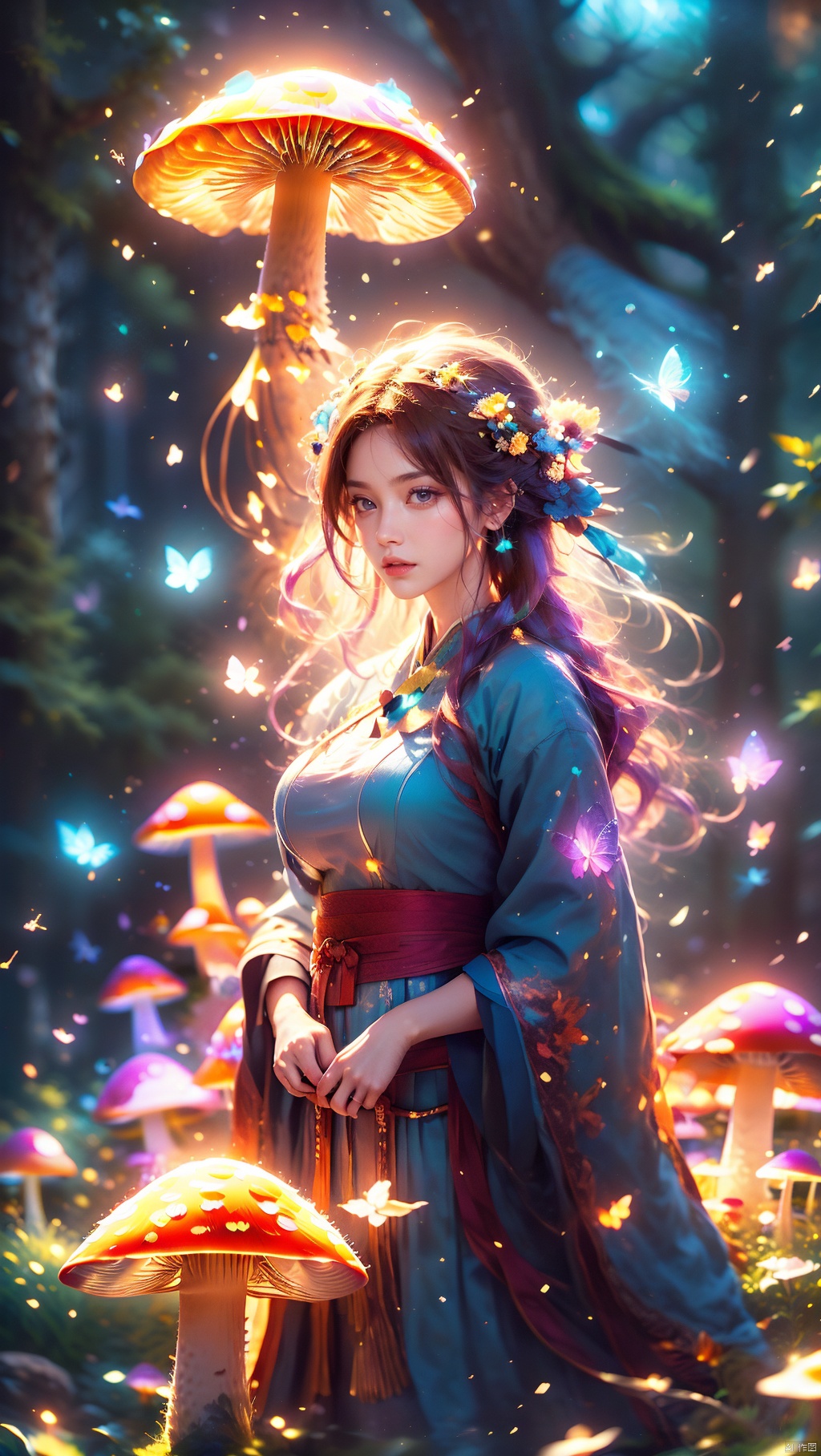 1 girl, purple hair, (brown eyes), (extremely exquisite and beautiful), (purple and blue clothes), meteor, meteor shower, (super large moon), (blue moon), comet, flower sea, many flowers, flower sea facing the audience, front, butterfly, hair, butterfly, f, dreamy light, (8k, RAW photo, best quality, masterpiece: 1.2), (realistic, photo fidelity: 1.3), ultra fine, ultra fine cg 8k wallpaper, (Crystal Texture Skin: 1.2) 1 Girl, Crystal Girl, Colorful Hair, Glowing Mushroom, Peach Blossom Chronicle, Holy One of the Way, Multi Energy Text, Energy Pairing, Glowing Text, Transparent Text, Energy Behind Chinese Characters, 1 Girl, Glowing Mushroom, Giant Mushroom, Dream Mushroom Forest