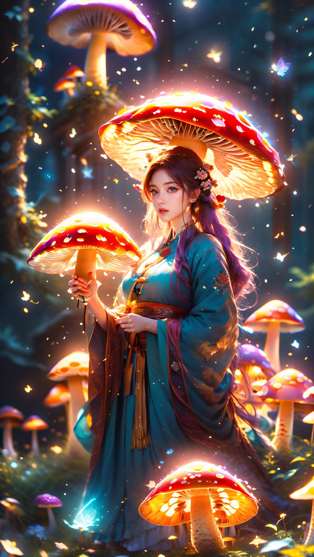 1 girl, purple hair, (brown eyes), (extremely exquisite and beautiful), (purple and blue clothes), meteor, meteor shower, (super large moon), (blue moon), comet, flower sea, many flowers, flower sea facing the audience, front, butterfly, hair, butterfly, f, dreamy light, (8k, RAW photo, best quality, masterpiece: 1.2), (realistic, photo fidelity: 1.3), ultra fine, ultra fine cg 8k wallpaper, (Crystal Texture Skin: 1.2) 1 Girl, Crystal Girl, Colorful Hair, Glowing Mushroom, Peach Blossom Chronicle, Holy One of the Way, Multi Energy Text, Energy Pairing, Glowing Text, Transparent Text, Energy Behind Chinese Characters, 1 Girl, Glowing Mushroom, Giant Mushroom, Dream Mushroom Forest