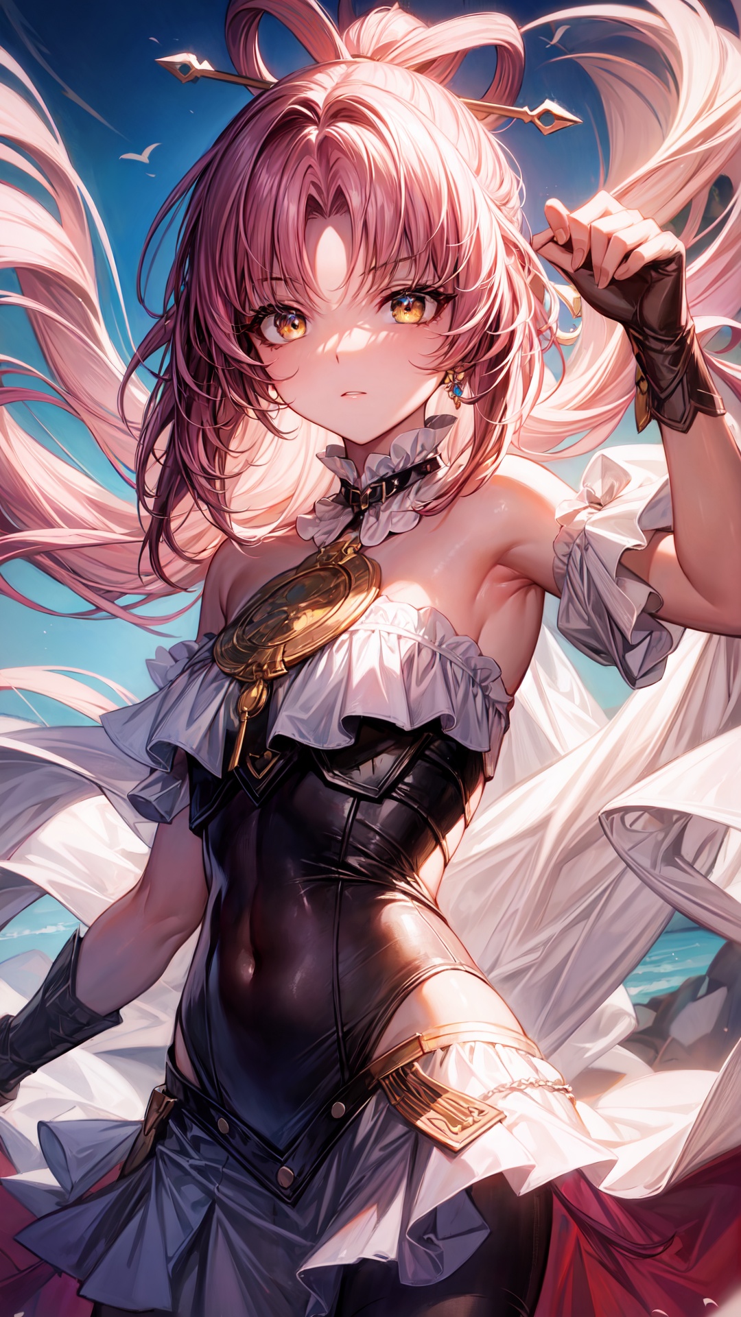 fuxuan, , fu xuan, (yellow eyes:1.5), forehead jewel, hair ornament, hair stick, long hair, low twintails, parted bangs, pink hair, twintails, BREAK bare shoulders, black dress, bridal gauntlets, detached collar, detached sleeves, dress, jewelry, neck ring, pantyhose, skirt, white pantyhose, white skirt, BREAK looking at viewer, upper body, fully body, BREAK outdoors, BREAK , (masterpiece:1.2), best quality, high resolution, unity 8k wallpaper, (illustration:0.8), (beautiful detailed eyes:1.6), extremely detailed face, perfect lighting, extremely detailed CG, (perfect hands, perfect anatomy),
,