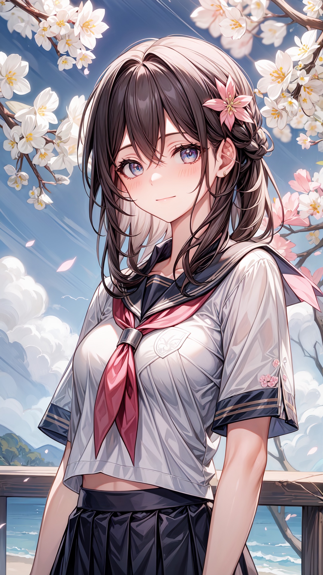 (upper_body:1.5),  close-up,  cherry_blossoms,  outdoors,  day,  spring_\(season\),  1girl,  smile,  solo,  bangs,  blush,  closed_mouth,  looking_at_viewer,  long_hair,  hair_stick,  branch,  eyebrows_visible_through_hair,  hair_between_eyes,  blue_sailor_collar,  serafuku,  neckerchief,  pleated skirt,  pink_flower,  petals,  tree,  white_shirt,  wind,  railing,  sky,<lora:EMS-3183-EMS:0.300000>,<lora:EMS-227256-EMS:0.800000>,<lora:EMS-93-EMS:0.800000>