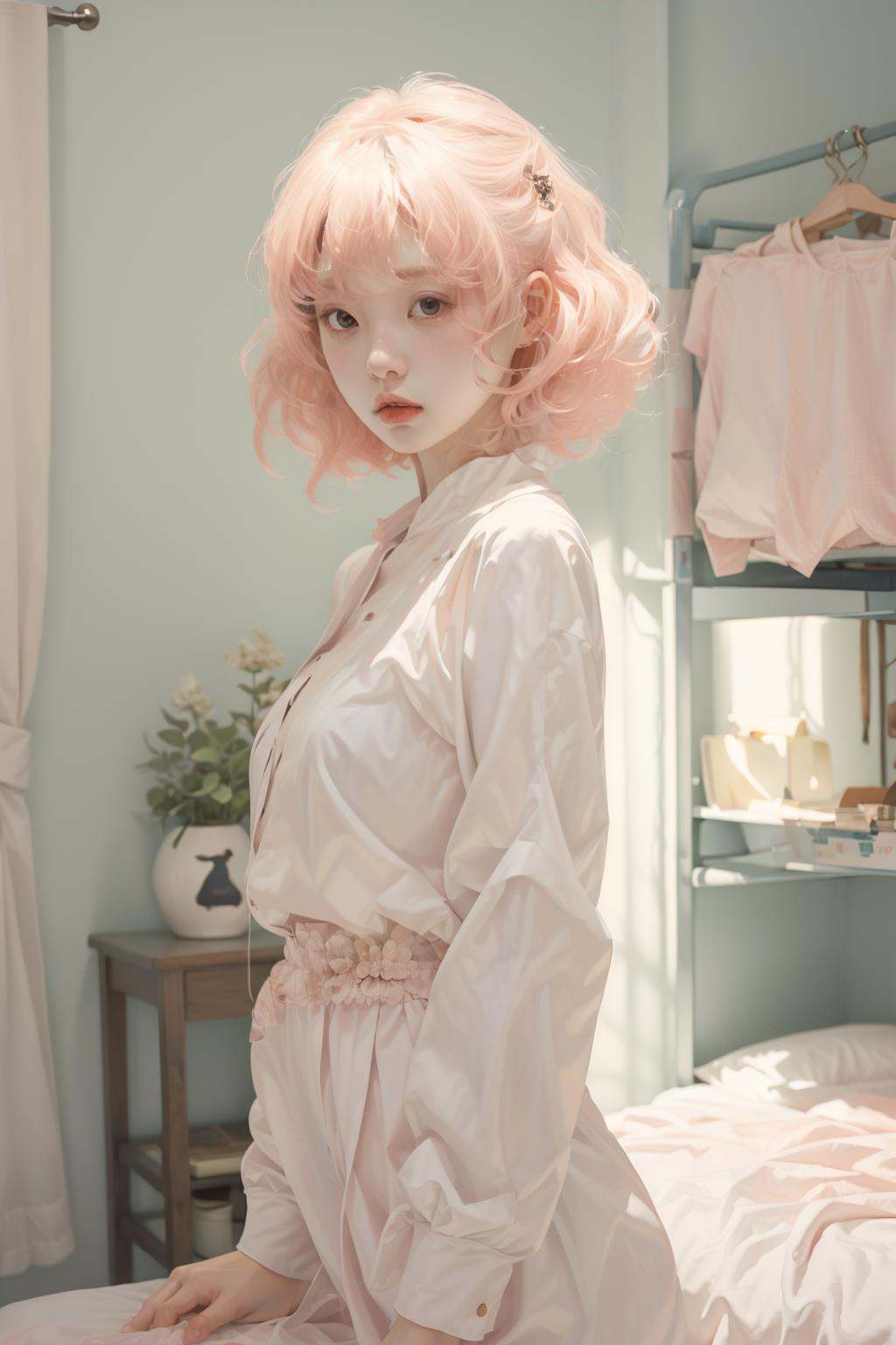 masterpiece,best quality,<lora:FHHY-06:0.8>,fenhong,1 girl,pink,pink hair,room,