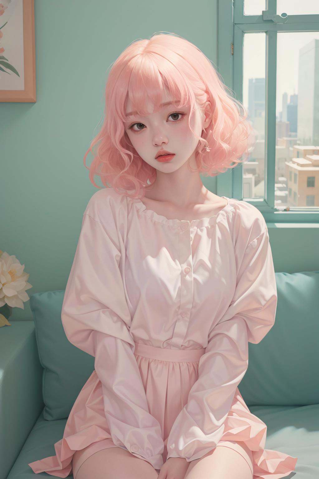 masterpiece,best quality,<lora:FHHY-06:0.8>,fenhong,1 girl,pink,pink hair,room,