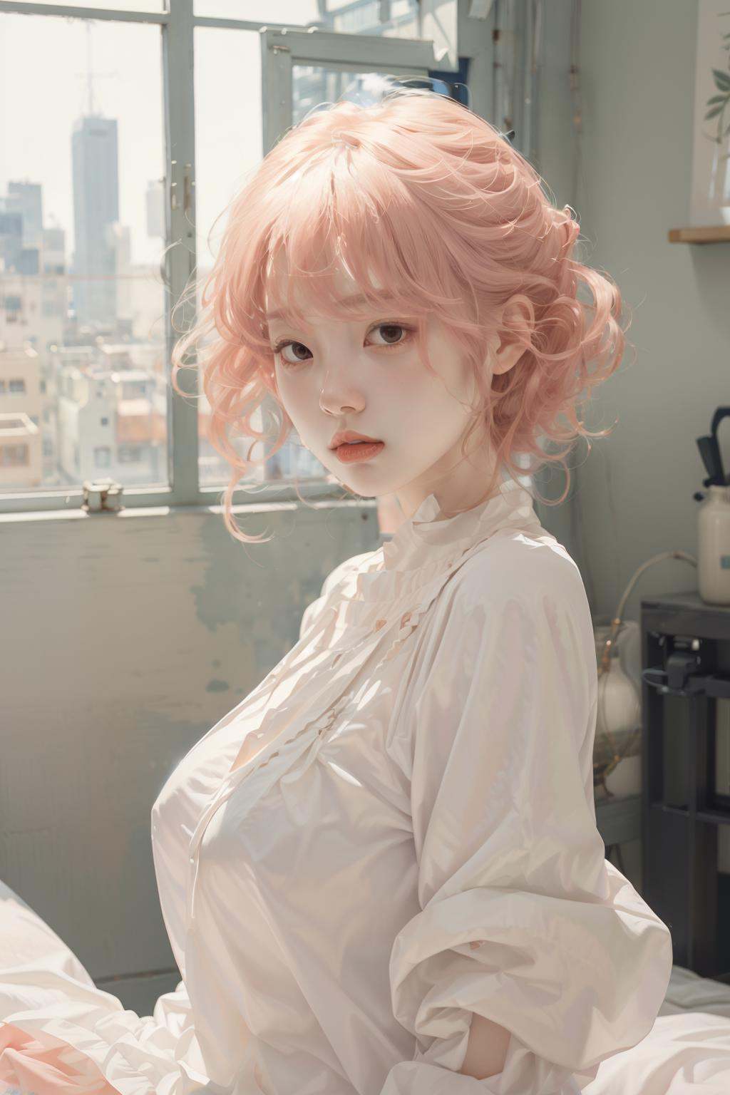 masterpiece,best quality,<lora:FHHY-06:0.8>,fenhong,1 girl,pink hair,room,