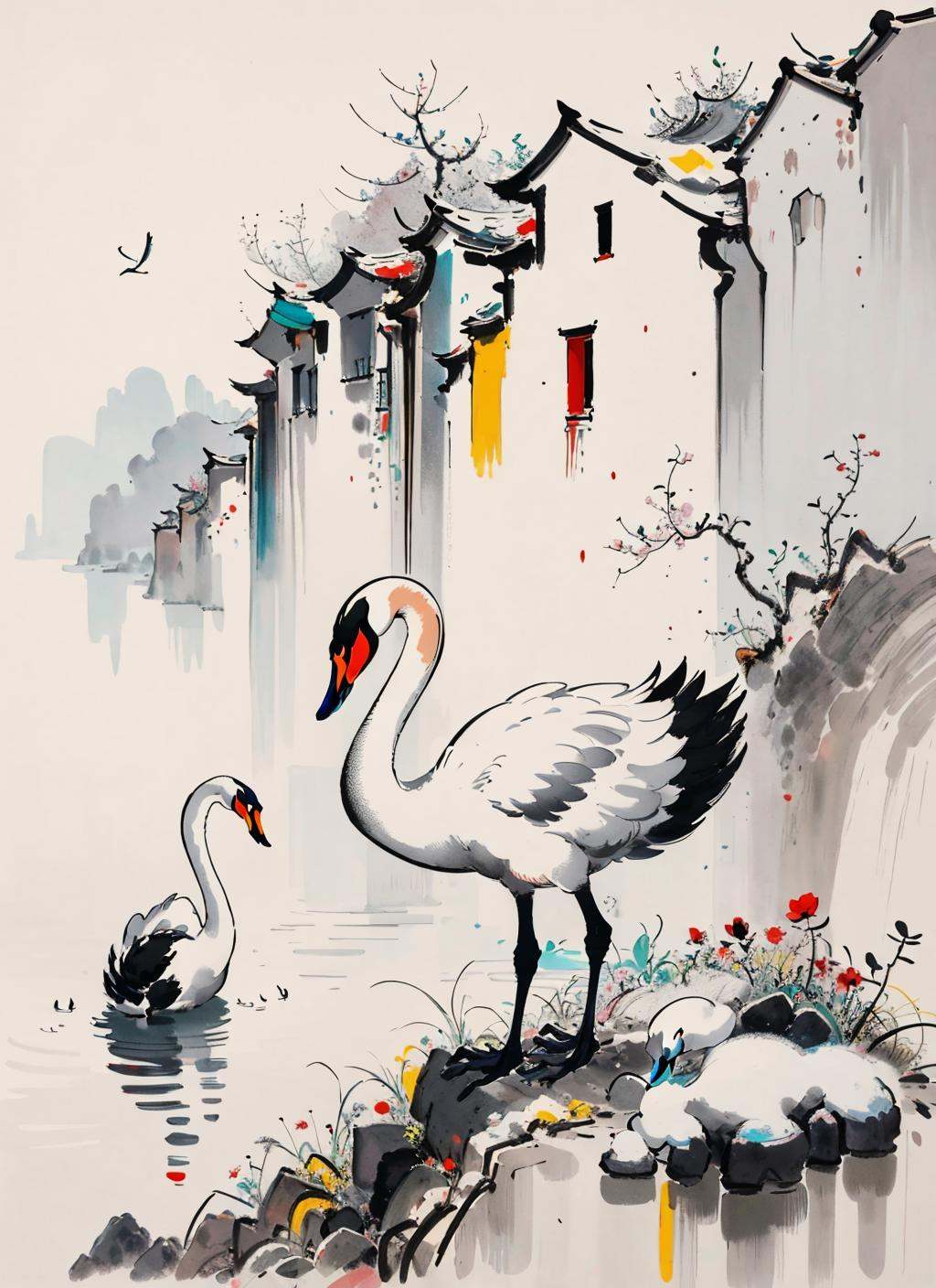 masterpiece,best quality,<lora:WuGuanZhong Style-06:0.7>,wuguanzhong,swan,
