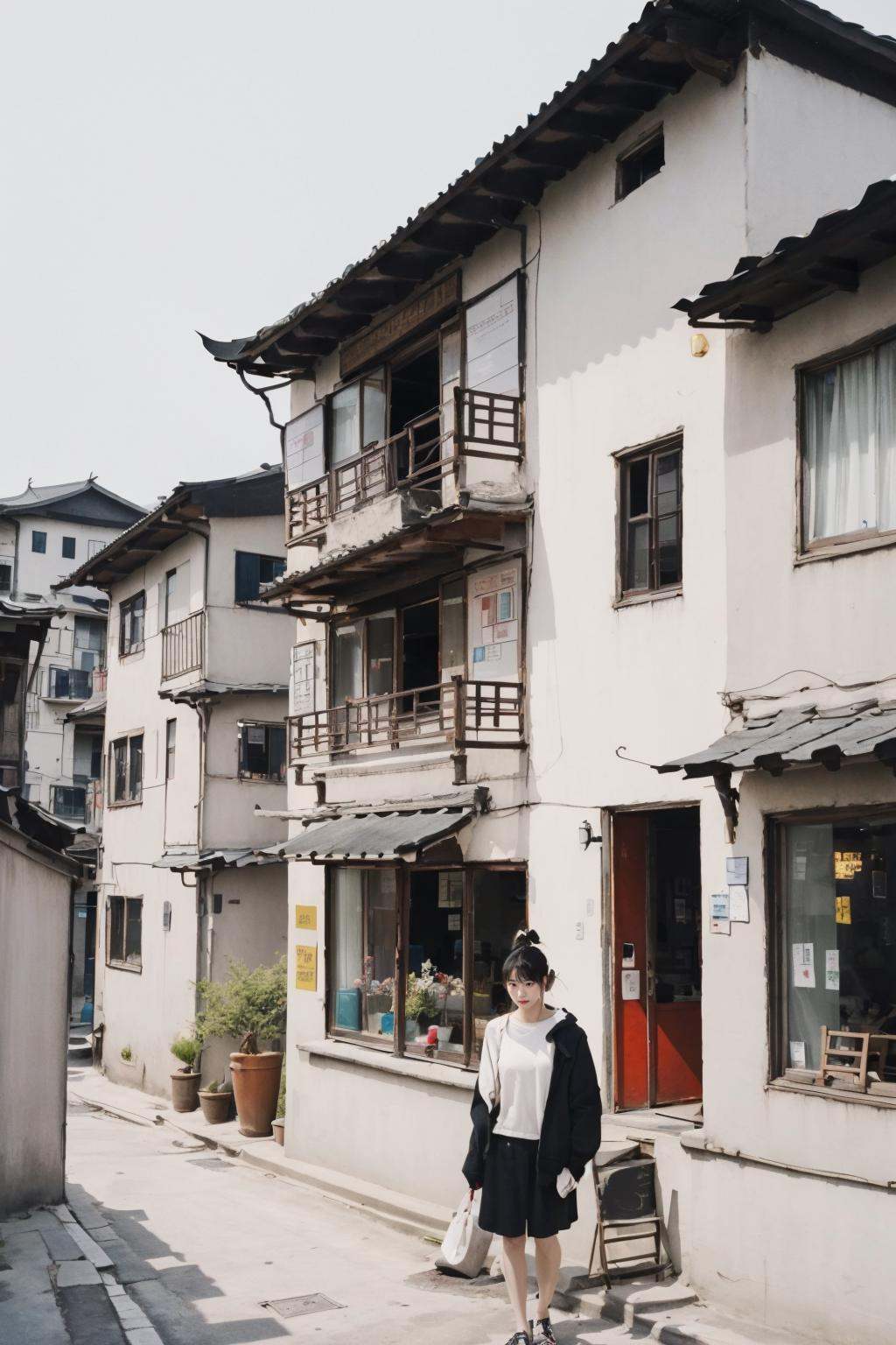 1 girl,<lora:WuGuanZhong Style-06:0.6>,wuguanzhong,building,