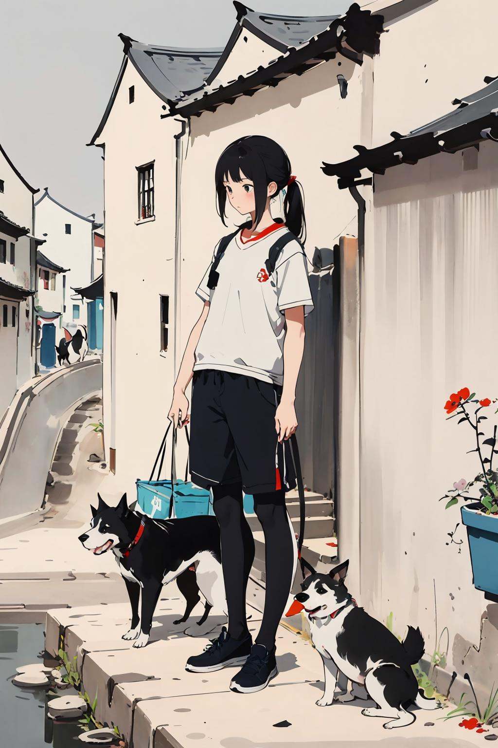masterpiece,best quality,WuGuanZhong,<lora:WuGuanZhong Style-000006:0.7>,1girl,dog,