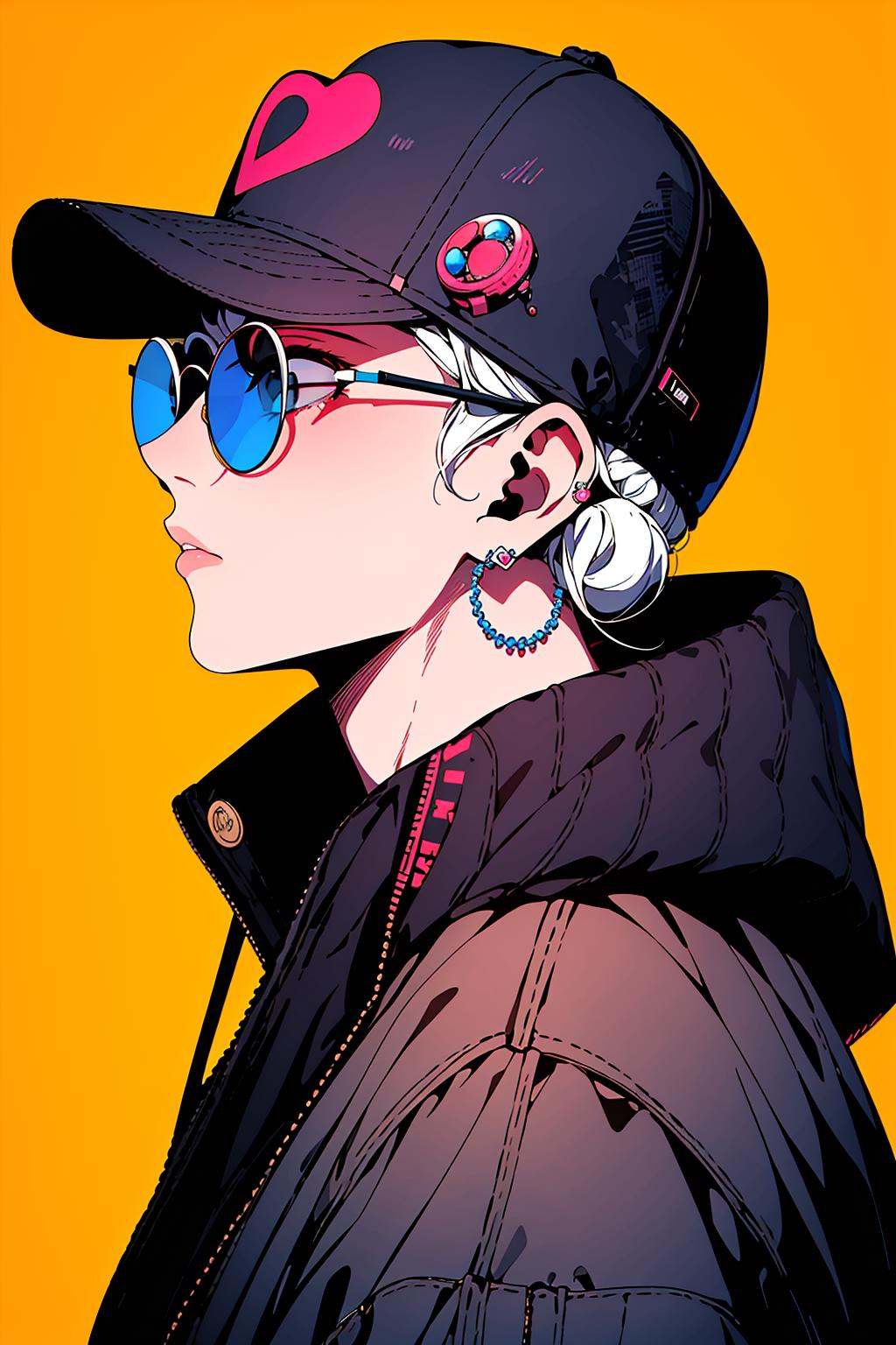 masterpiece,best quality,<lora:Saibogo:0.8>,1man,saibo,cyberpunk,hat,earrings,glasses,simple background,pearls and jewels,orange background,