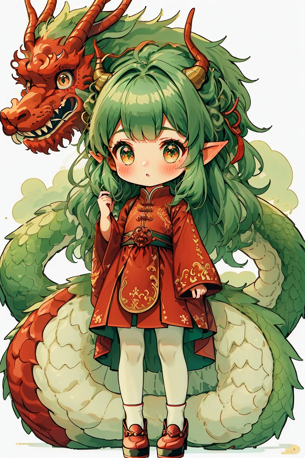 1girl, bangs, blush, chibi, dragon girl, dragon horns, dragon tail, full body, green hair, long sleeves, pointy ears, red dress, red flower, rope, solo, standing, tail, tentacles, white background