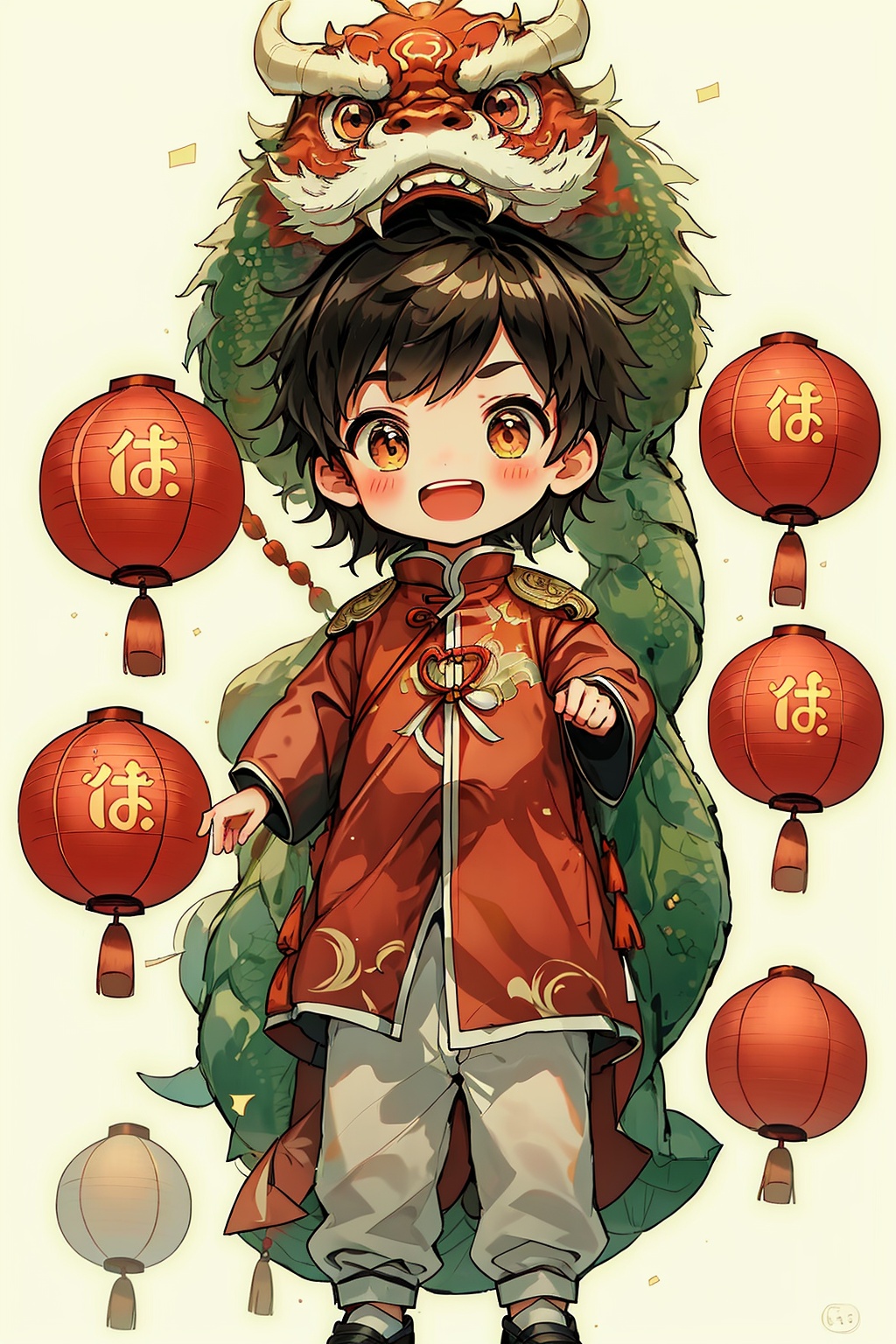 1boy, 1girl, :d, ball, balloon, basketball, blush, brown hair, chibi, chinese clothes, chinese new year, confetti, green eyes, hand fan, holding balloon, holding fan, lantern, long sleeves, male focus, on head, open mouth, paper fan, paper lantern, pumpkin, simple background, smile, solo, white background