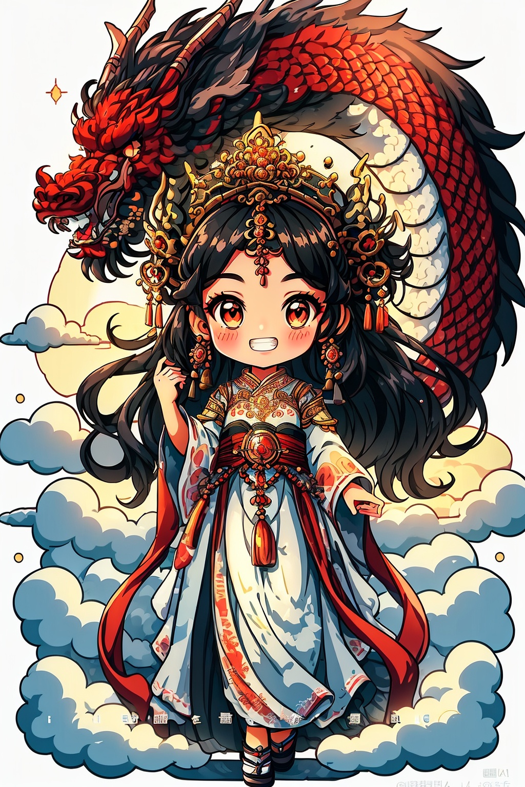 1girl, =3, black hair, blush, breath, chibi, cloud, dragon, dress, full body, grin, hair ornament, horns, jewelry, long hair, looking at viewer, pointing, red eyes, smile, smoke, solo, steam, tail, teeth, very long hair