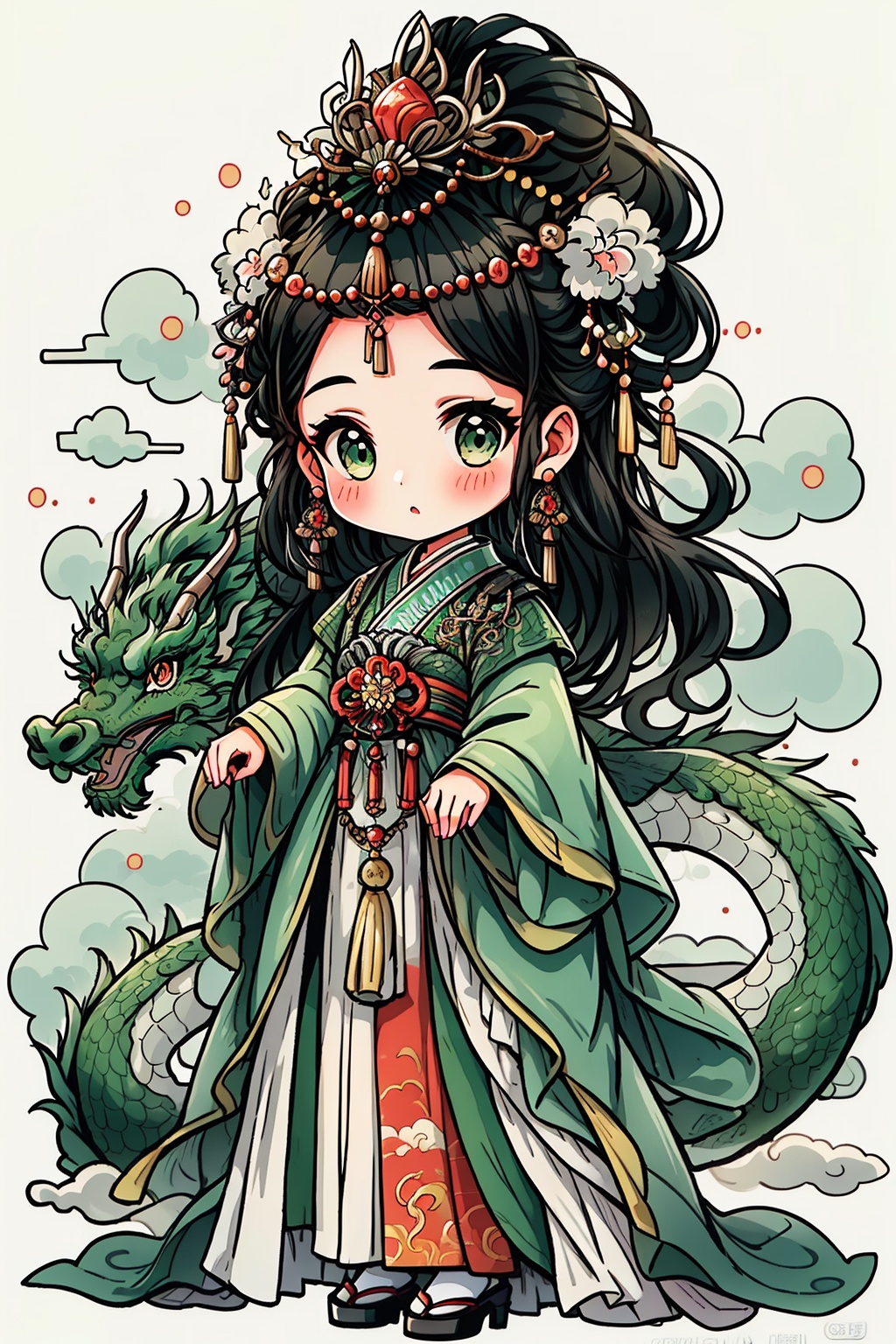 1girl, =3, black hair, blush, breath, chinese clothes, closed mouth, cloud, dragon, earrings, full body, green eyes, hair ornament, hitodama, jewelry, kimono, long hair, smoke, smoking, solo, steam