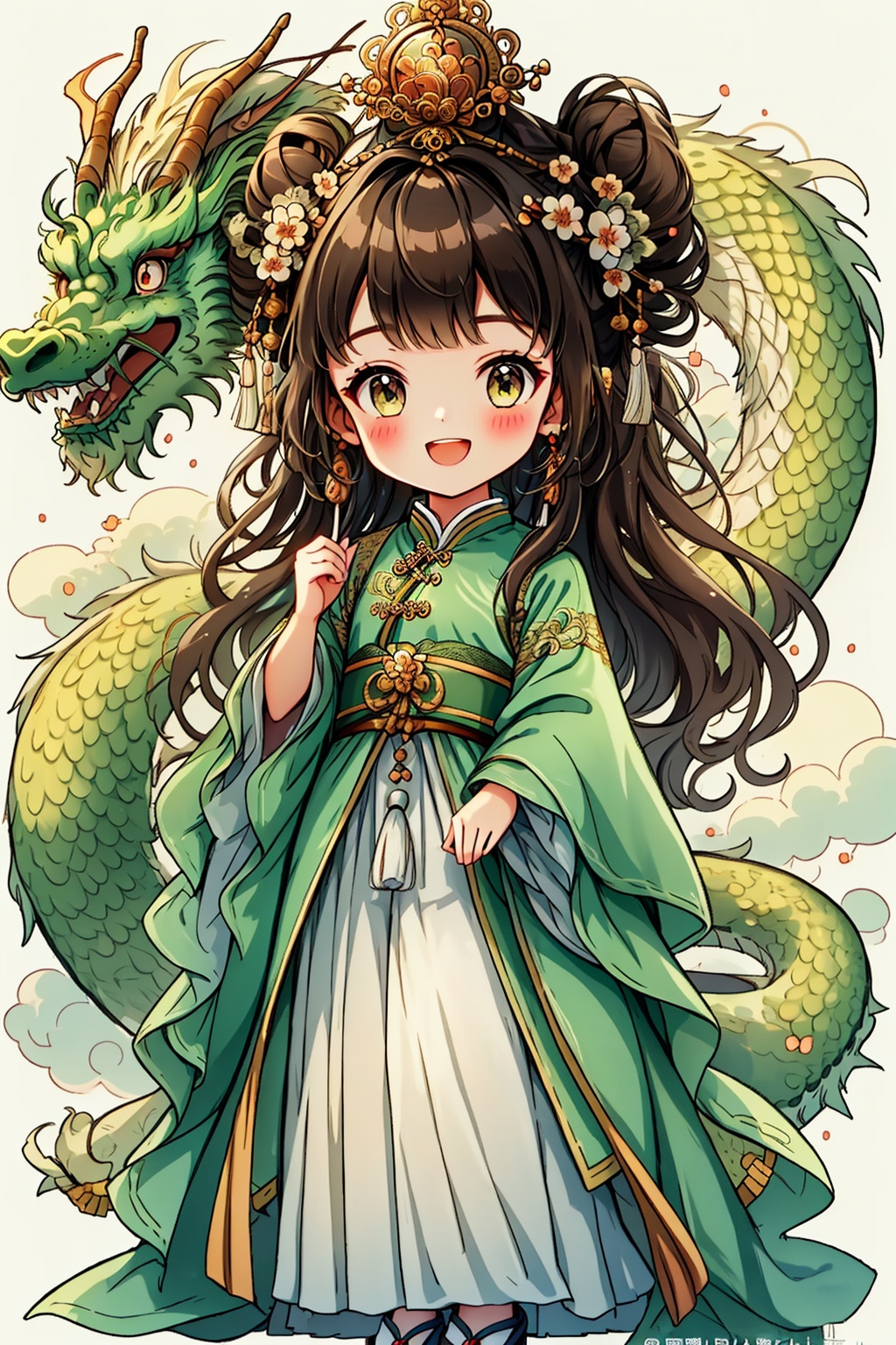 1girl, :d, animal, bangs, blush, brown hair, chinese clothes, double bun, dragon, dragon horns, dragon tail, earrings, eastern dragon, eyebrows visible through hair, flower, green eyes, hair flower, hair ornament, hair rings, jewelry, long hair, long sleeves, looking at viewer, new year, open mouth, scales, smile, snake, solo, tail, tassel, very long hair, wide sleeves