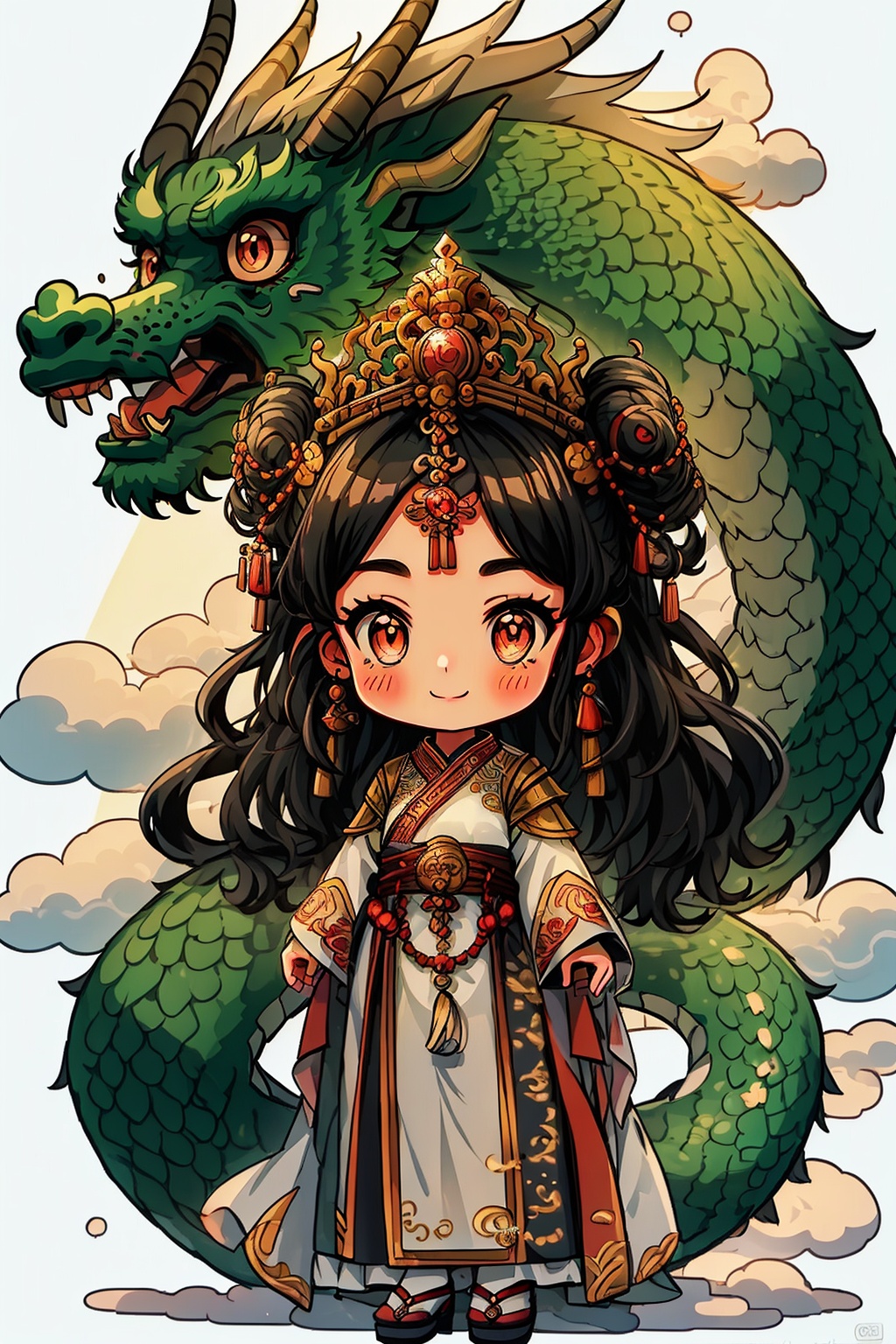 1girl, black hair, blush, chibi, closed mouth, cloud, dragon, dragon girl, dragon horns, dragon tail, earrings, eastern dragon, full body, horns, jewelry, long hair, magatama, red eyes, rope, scales, smile, snake, solo, tail