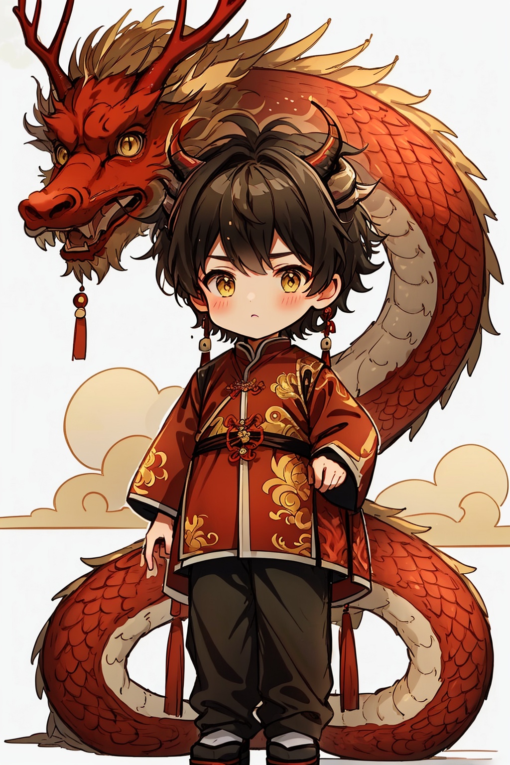 1boy, antlers, brown hair, chibi, chinese clothes, dragon, dragon horns, dragon tail, green eyes, horns, long sleeves, yellow eyes