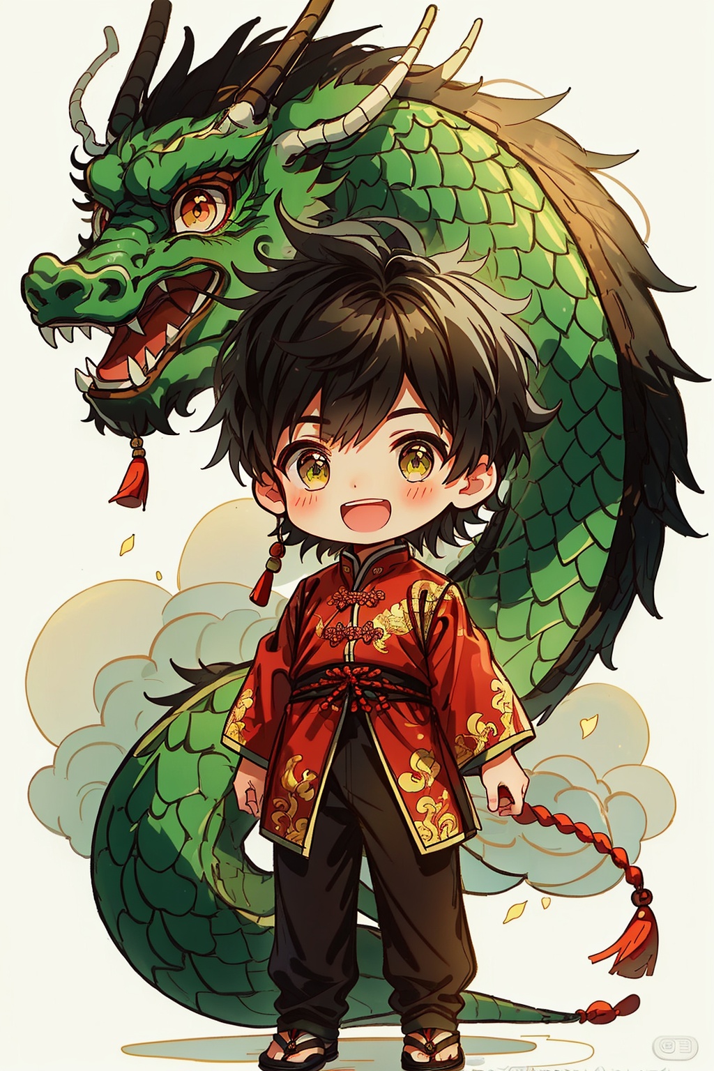 1boy, black pants, brown hair, chibi, chinese clothes, dragon, full body, green eyes, long sleeves, looking at viewer, male focus, open mouth, pants, petals, smile, solo, standing, tail