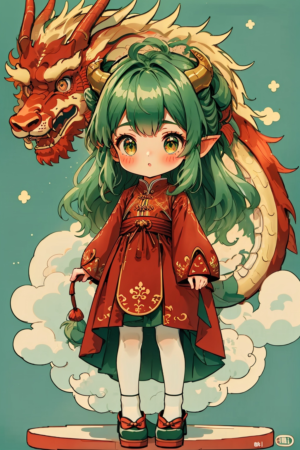 1girl, bangs, blush, chibi, dragon girl, dragon horns, dragon tail, full body, green hair, long sleeves, pointy ears, red dress, red flower, rope, solo, standing, tail, tentacles, white background