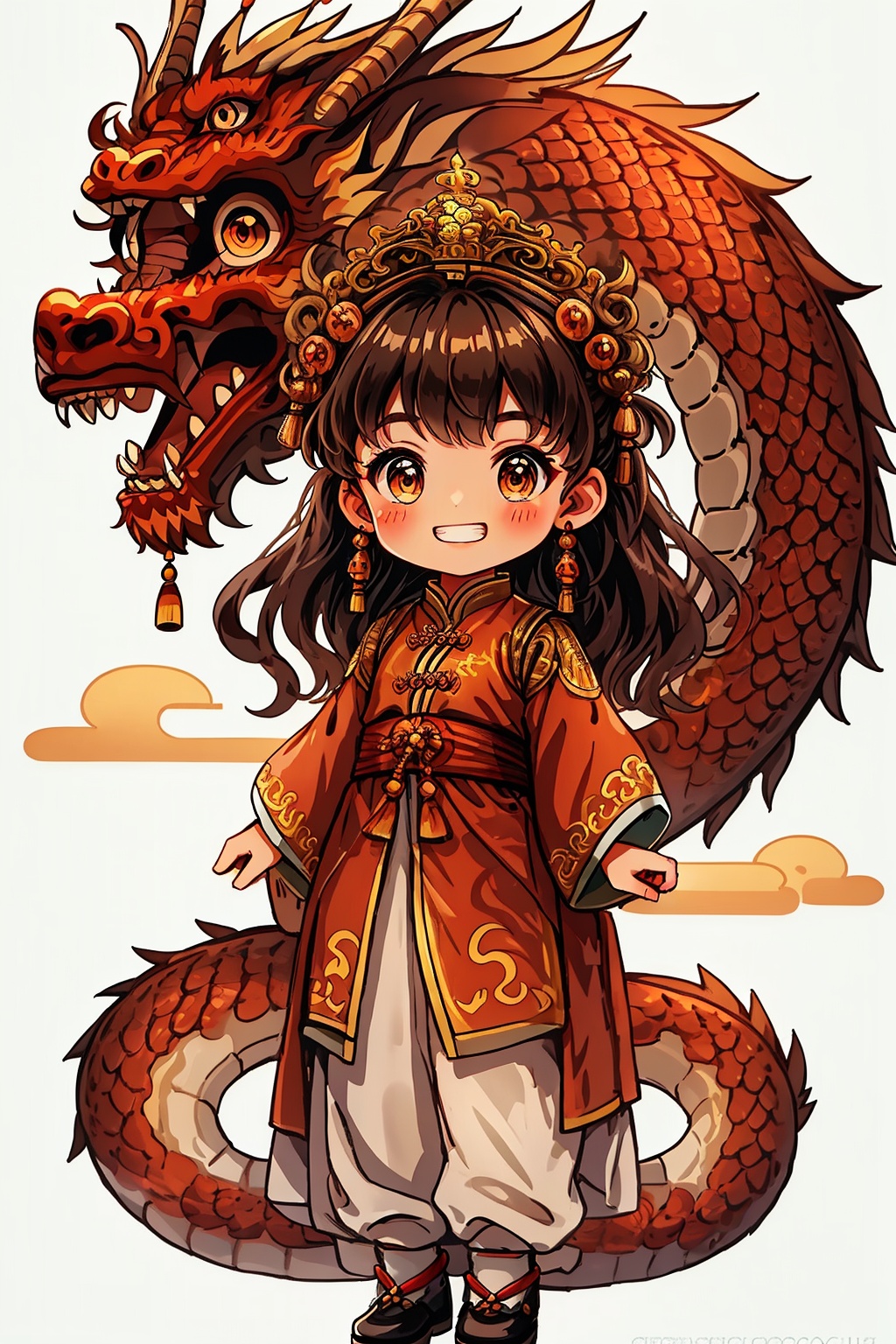 1girl, blush, brown hair, chibi, chinese clothes, dragon, dragon tail, earrings, eastern dragon, fire, grin, horns, jewelry, lantern, long sleeves, looking at viewer, sharp teeth, simple background, smile, tail, teeth, white background