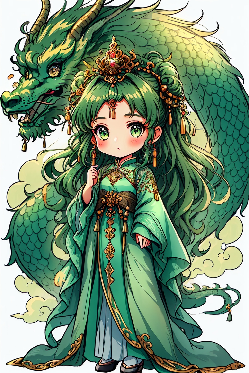 1girl, blush, chibi, closed mouth, dragon, dragon tail, earrings, eastern dragon, full body, green eyes, horns, jewelry, long hair, long sleeves, looking at viewer, scales, solo, tail, very long hair, white background