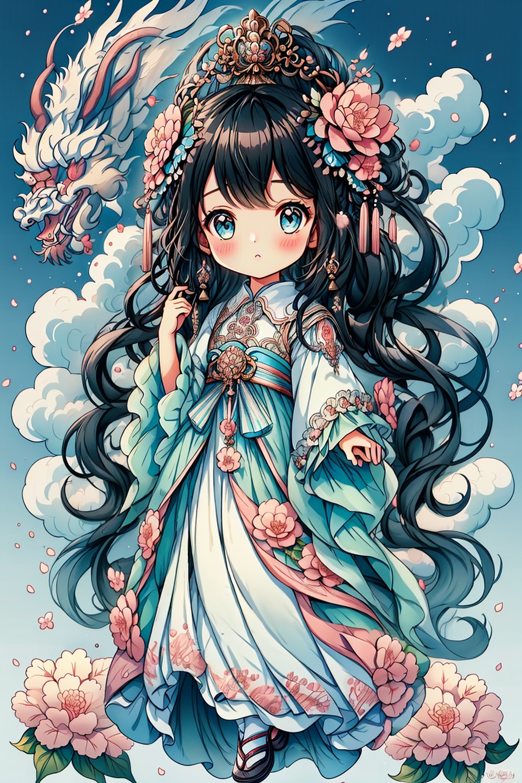 1girl, bangs, black hair, blue eyes, blue sky, blush, cherry blossoms, chibi, cloud, dress, flower, full body, hair flower, hair ornament, long hair, long sleeves, looking at viewer, lotus, pink flower, sky, solo, very long hair