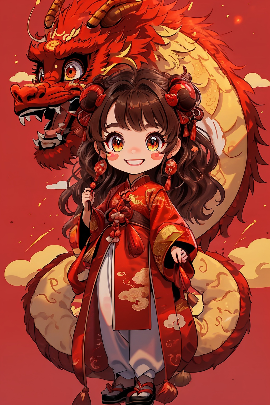  Chinese Dragon, red background, 1girl, blush stickers, chinese clothes, smile, brown hair, horns, red theme, tail, Firecrackers, Fireworks, Spring Festival, UHD, best quality, 16k