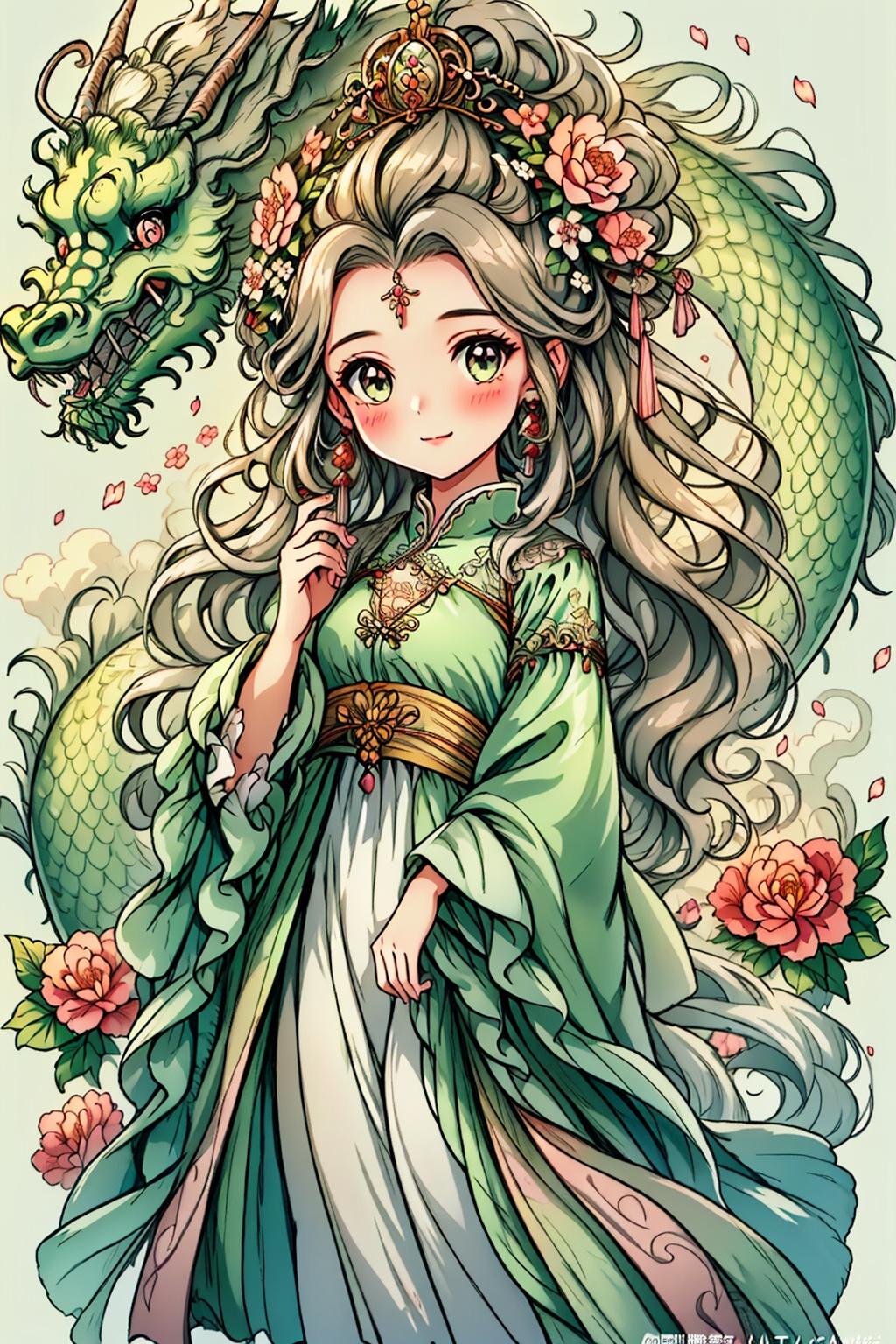 1girl, artist name, blush, chinese clothes, closed mouth, dragon, dress, earrings, flower, green eyes, grey background, hair flower, hair ornament, jewelry, long hair, long sleeves, looking at viewer, petals, pink flower, rose petals, smile, solo, very long hair