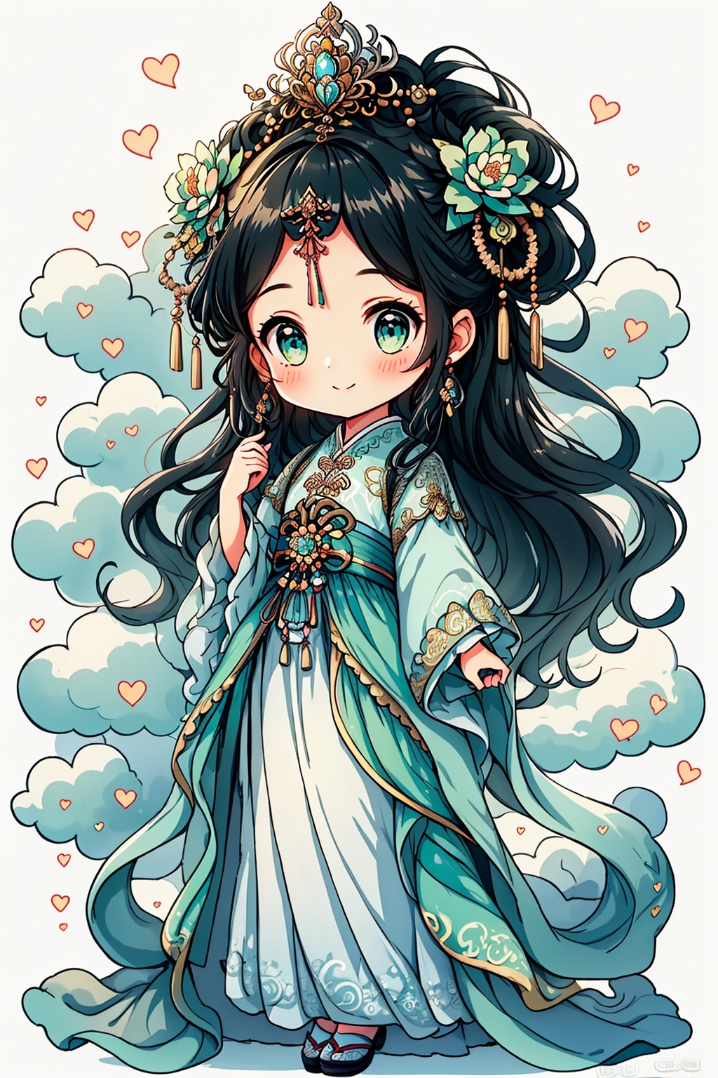 1girl, =3, artist name, black hair, blue sky, blush, breath, chibi, chinese clothes, closed mouth, cloud, cloudy sky, dress, flower, full body, green eyes, hair flower, hair ornament, heart, heavy breathing, long hair, long sleeves, sigh, sky, smile, smoke, solo, spoken heart, steam, twitter username, very long hair, visible air