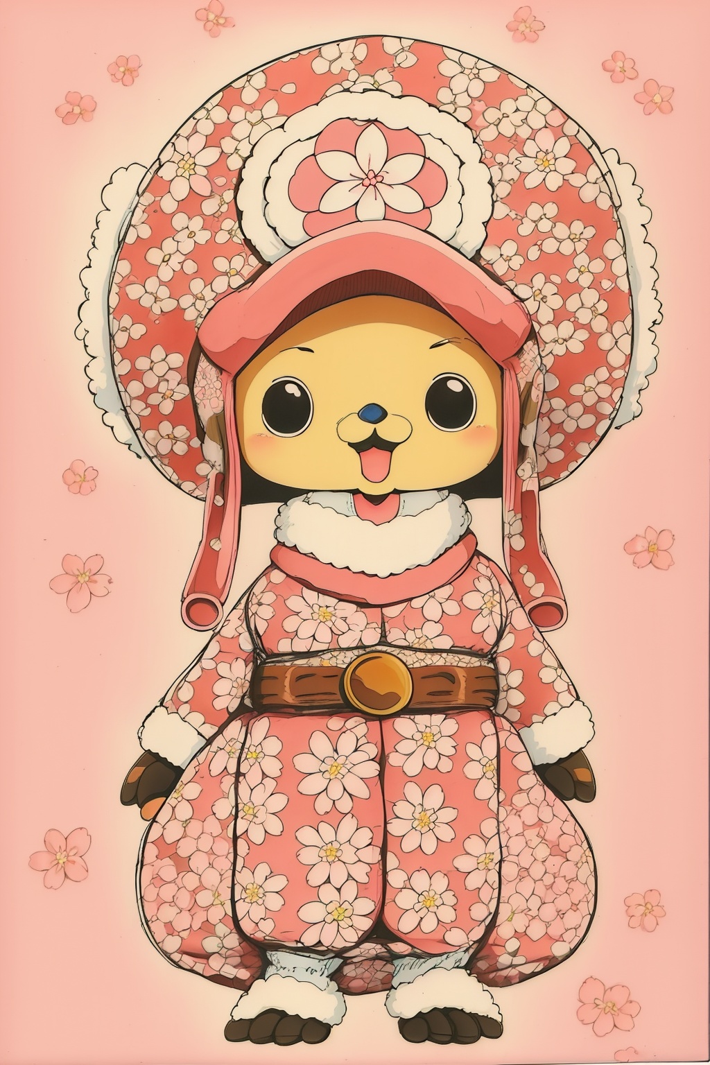 belt, cherry blossoms, daisy, floral print, flower, hat, no humans, open mouth, paw print, pink flower, simple background, smile, traditional media, white flower