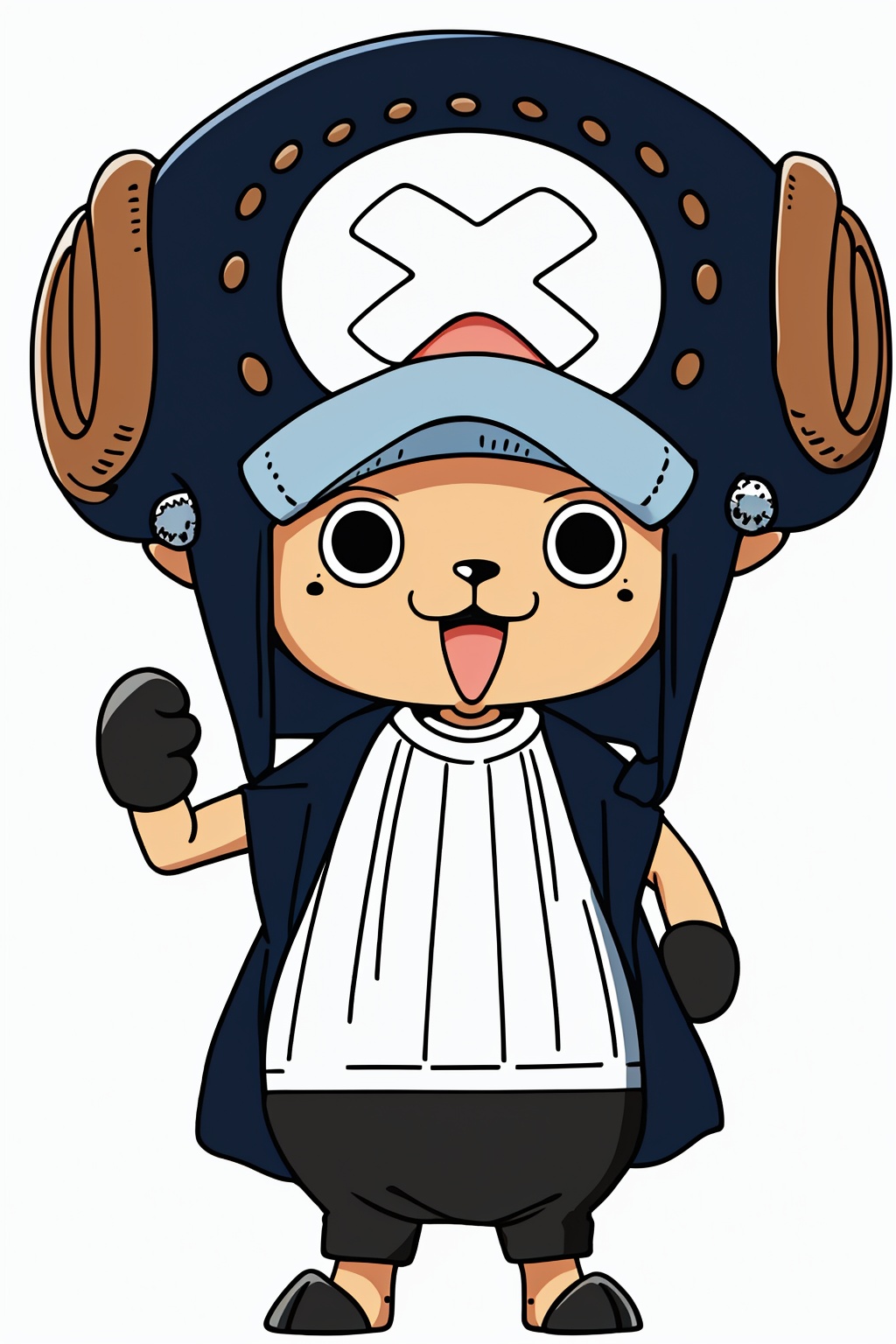 :d, black eyes, full body, hat, mole, mole under eye, open mouth, shirt, simple background, smile, solo, standing, white background