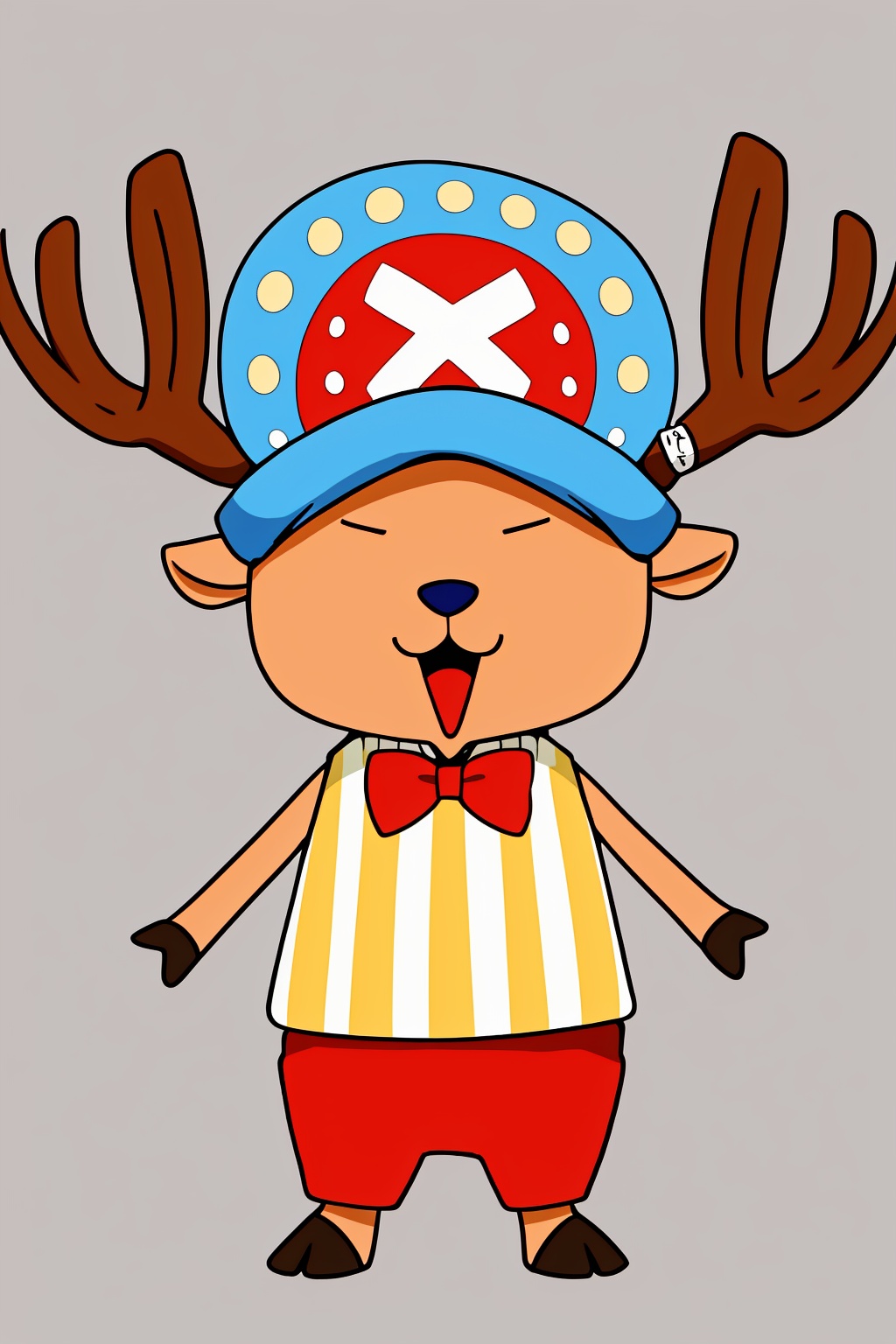 antlers, deer ears, full body, hat, open mouth, simple background, smile, solo, striped, striped pants, striped shirt, white background