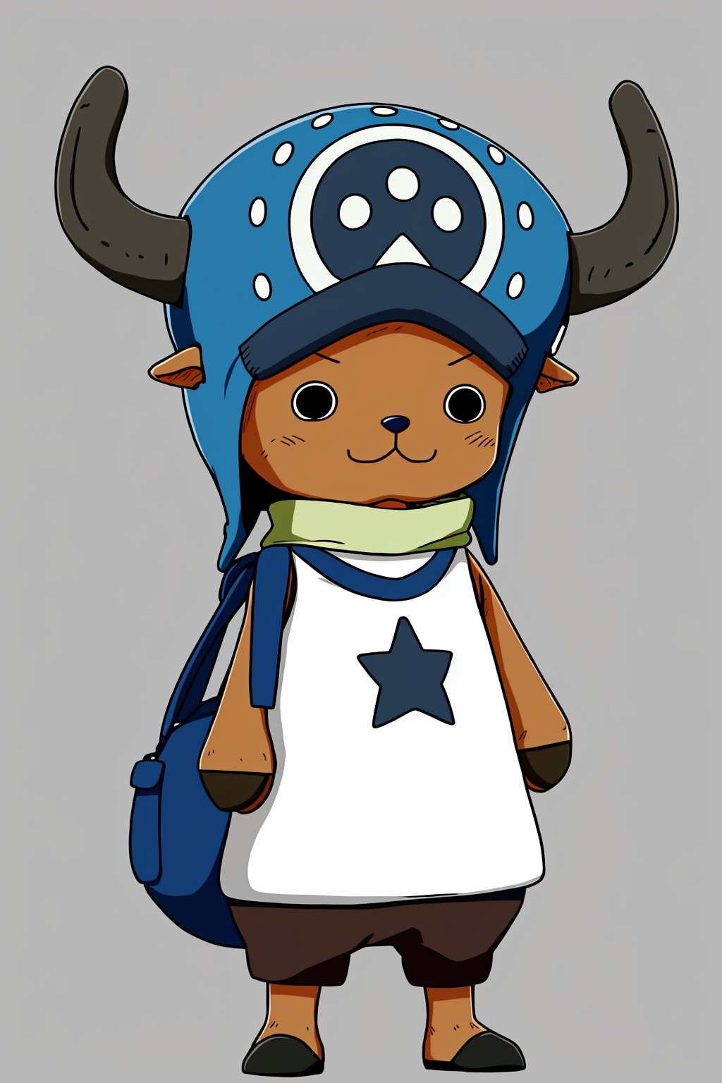 :3, bag, dark-skinned male, dark skin, full body, grey background, hat, pointy ears, simple background, smile, solo, standing