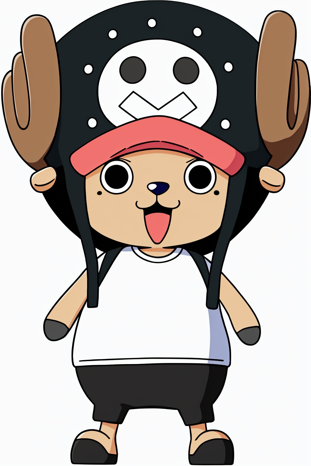 :d, black eyes, full body, hat, mole, mole under eye, open mouth, shirt, simple background, smile, solo, standing, white background