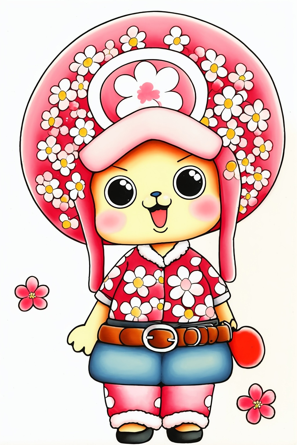 belt, cherry blossoms, daisy, floral print, flower, hat, no humans, open mouth, paw print, pink flower, simple background, smile, traditional media, white flower