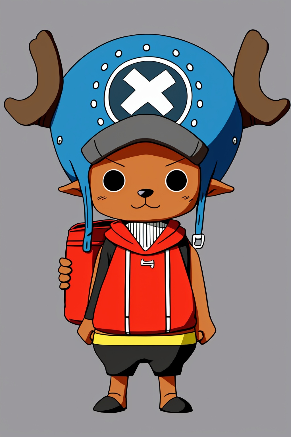 :3, bag, dark-skinned male, dark skin, full body, grey background, hat, pointy ears, simple background, smile, solo, standing