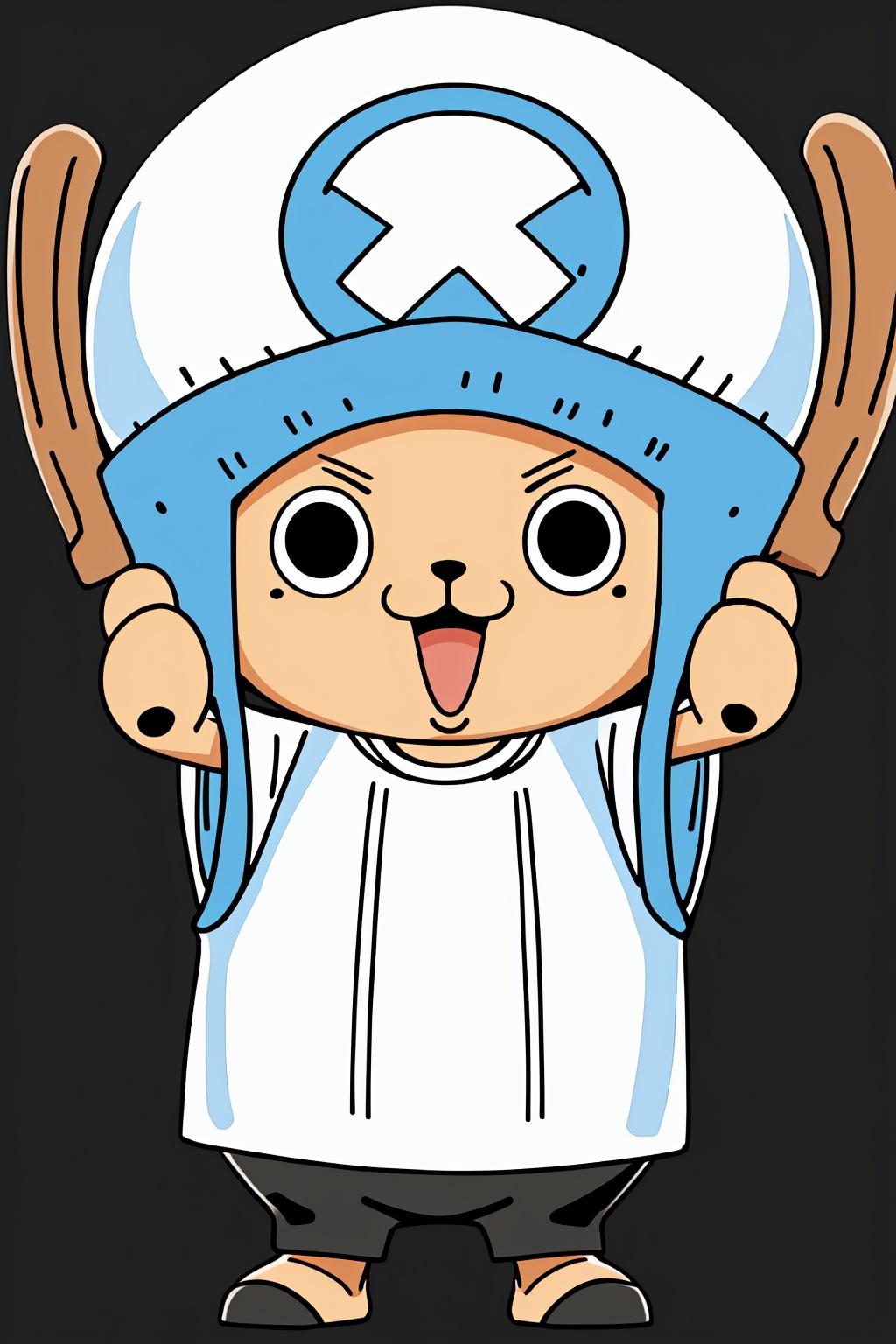 :d, black eyes, full body, hat, mole, mole under eye, open mouth, shirt, simple background, smile, solo, standing, white background