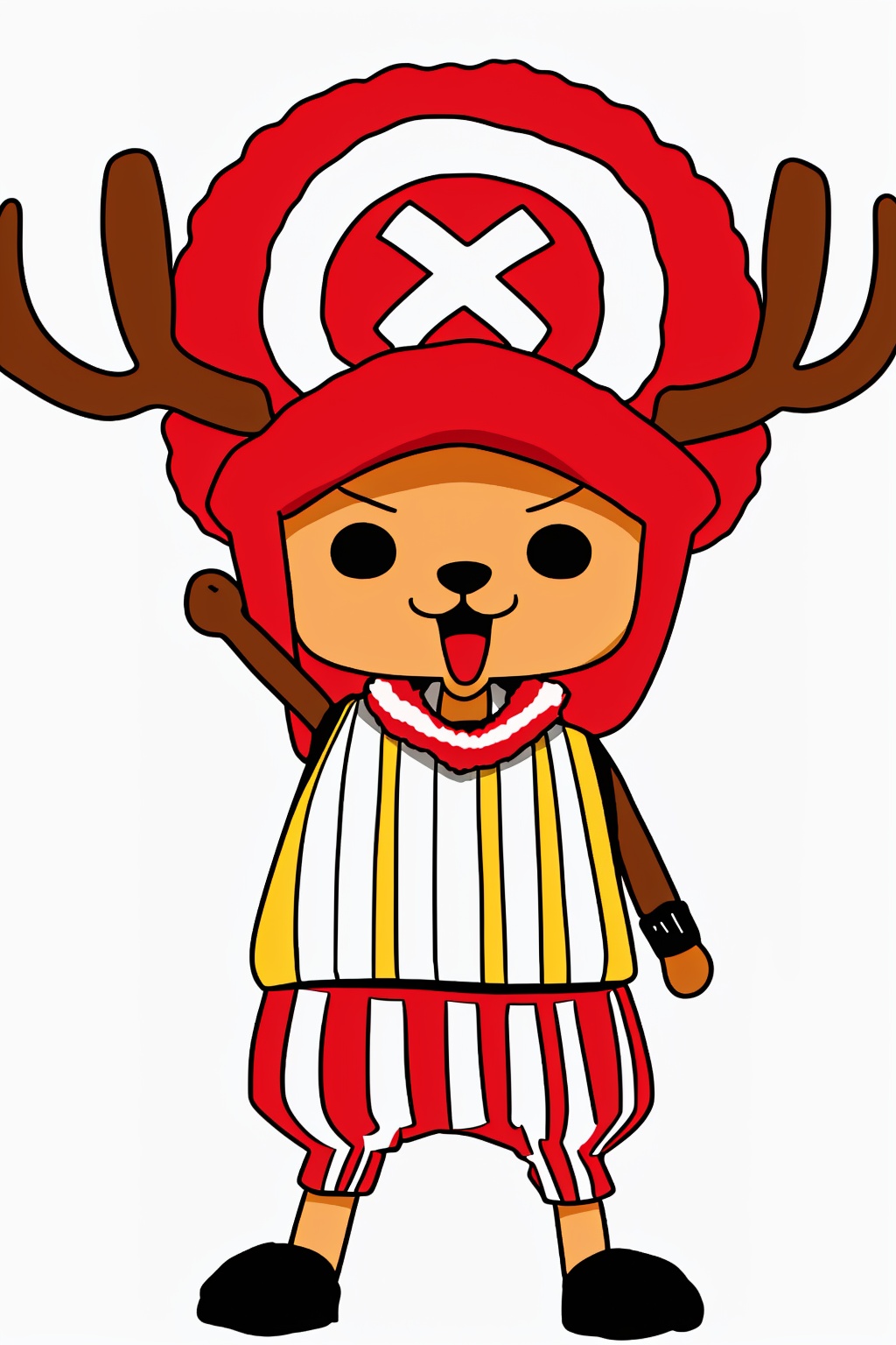 antlers, deer ears, full body, hat, open mouth, simple background, smile, solo, striped, striped pants, striped shirt, white background