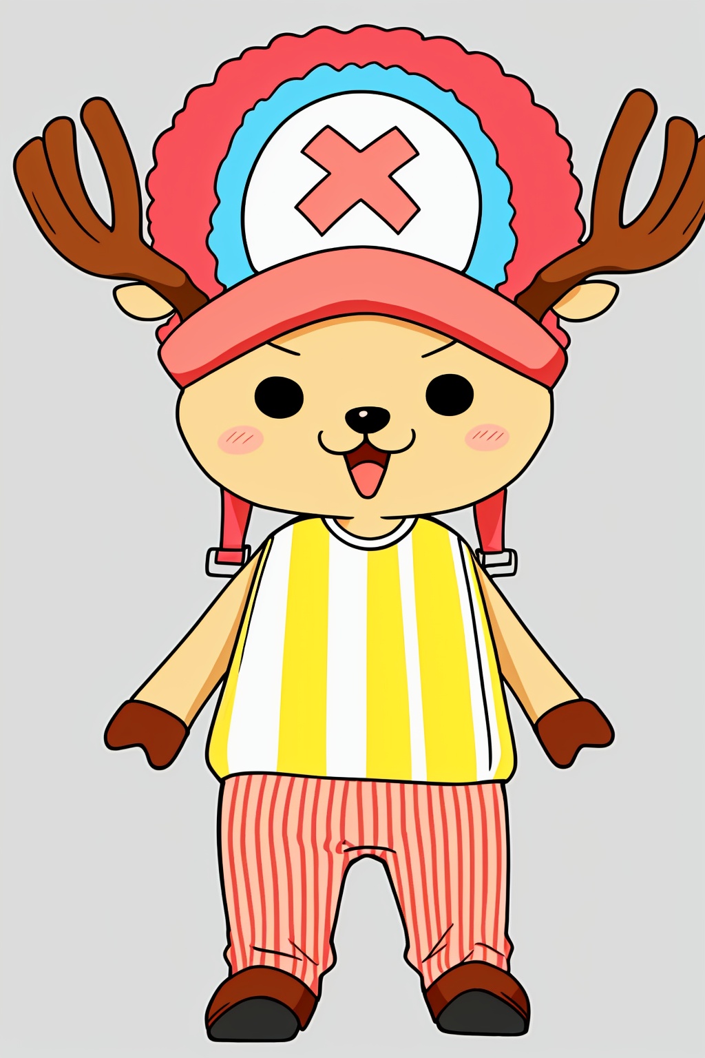 antlers, deer ears, full body, hat, open mouth, simple background, smile, solo, striped, striped pants, striped shirt, white background