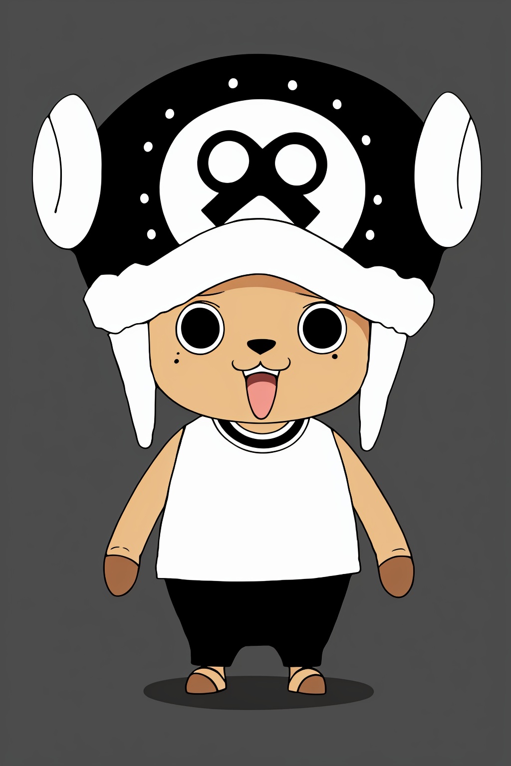 :d, black eyes, full body, hat, mole, mole under eye, open mouth, shirt, simple background, smile, solo, standing, white background